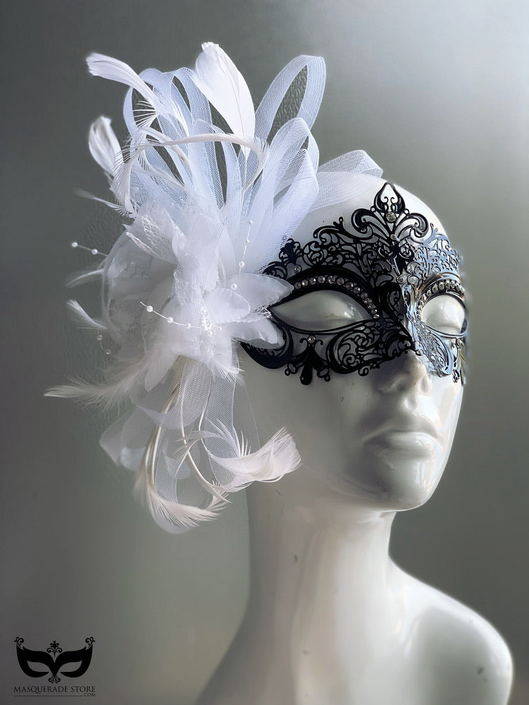 Elegant Venetian Black Mask with Feathers - Handmade Masquerade Mask for Costume Parties, Halloween, and Ballroom Events - Perfect for Mardi Gras, Venetian Carnival, and Themed Parties