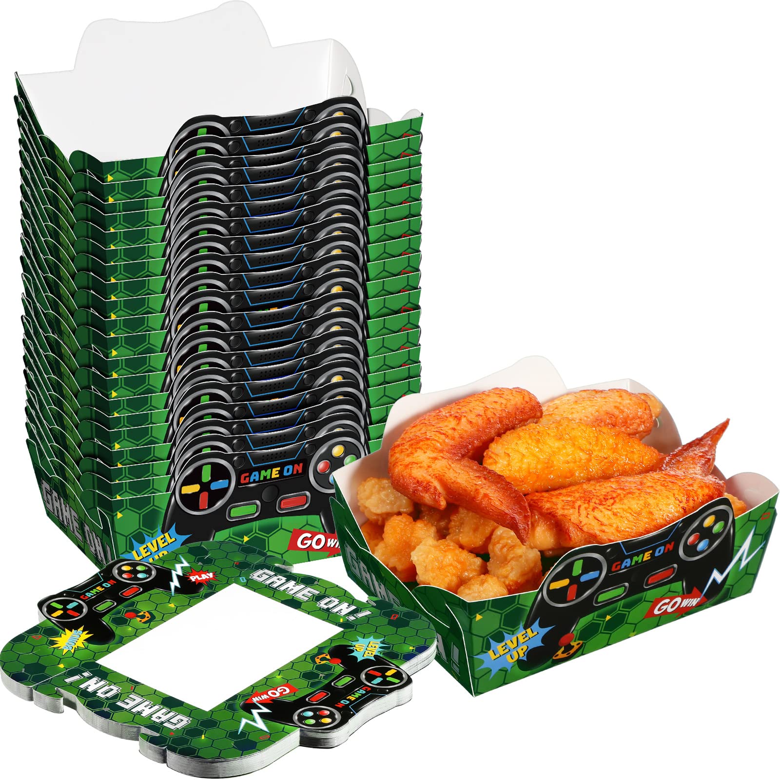 50 Pcs Green Disposable Paper Food Trays - 2lb Snack Plates for Video Game Birthday Party Favors, Nacho Hot Dog Popcorn Serving Trays | Gamer Party Decorations & Gaming Themed Supplies - Perfect for Game Nights, Birthday Parties & Movie Snacks