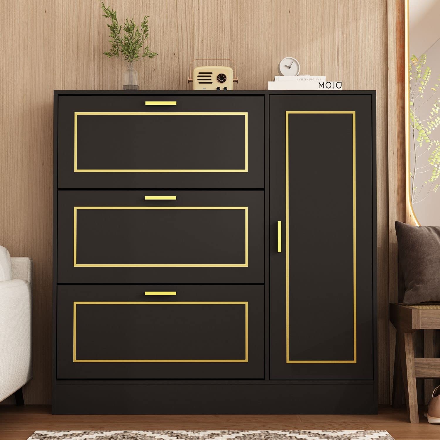FAMAPY 3-Tier Shoe Storage Cabinet with Flip Drawers & Locker - Wooden Entryway Shoe Organizer for Hallway, Closet or Bedroom - Black and Gold Modern Design (47.2”W x 9.5”D x 47.2”H) - Perfect for Small Spaces, Apartment Living & Shoe Organization