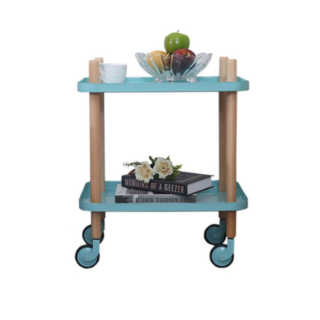 **Solid Wood Double-Layer Rolling End Table with Wheels - Nightstand, Side Table, Coffee Table - 52x35x62cm - Blue - Perfect for Living Room, Bedroom & Office**