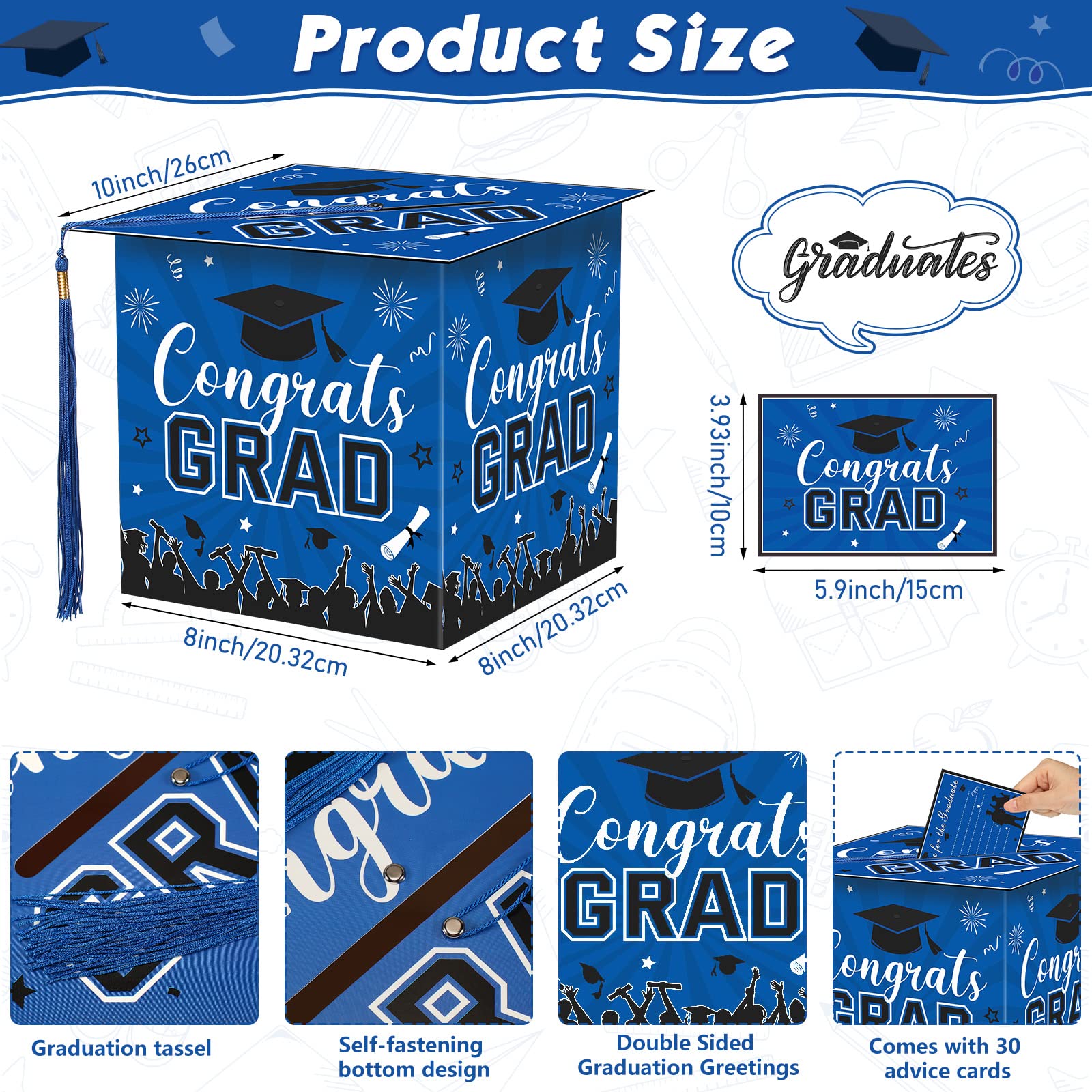 Yisong 2025 Graduation Card Box with 30 Advice Wishes Cards - Congrats Grad Cap Keepsake Box with Real Tassel - Perfect for Class of 2025 Graduation Party Decorations & Gift Giving (Blue)