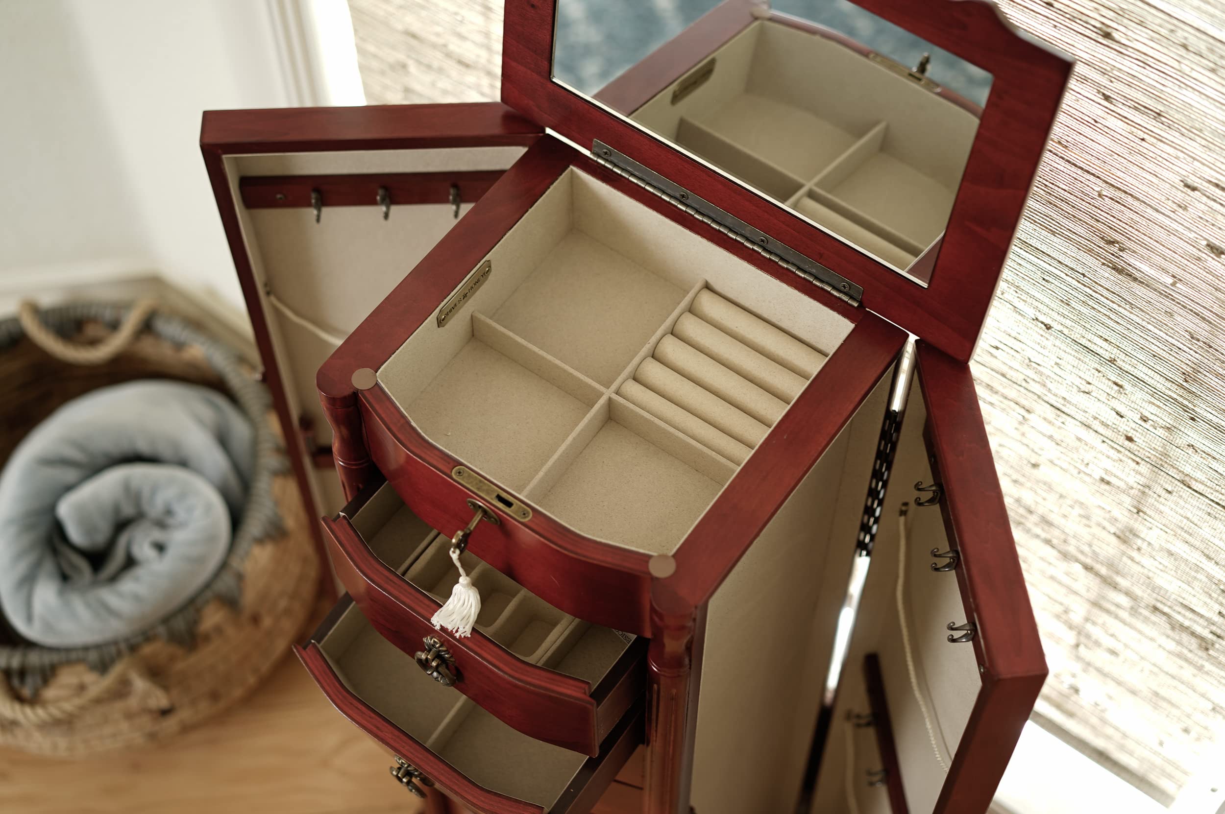 Francesca Jewelry Armoire - Antique Style Locking Jewelry Storage Organizer with Cherry Finish - Perfect for Bedroom, Closet & Vanity Organization