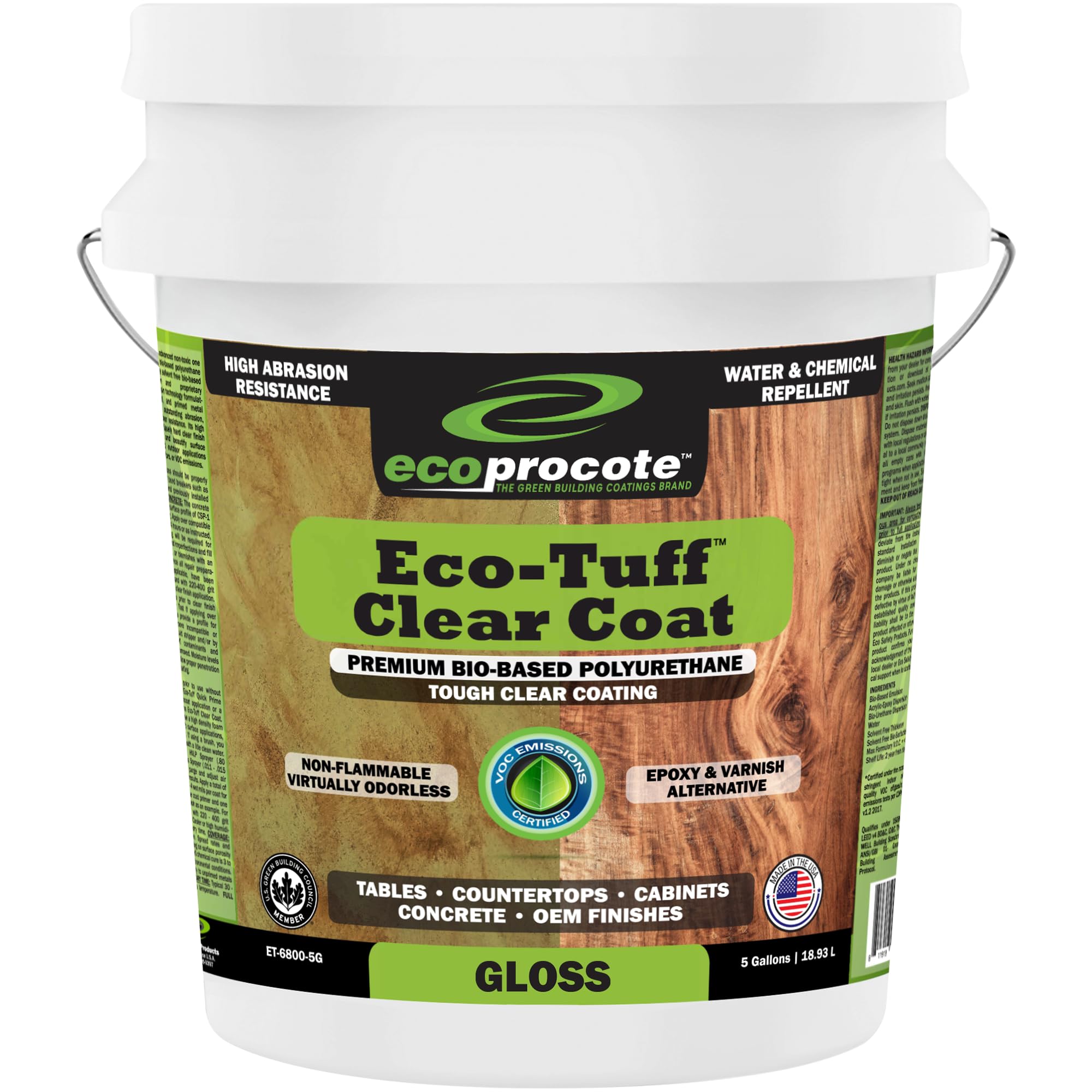 Eco-Tuff Clear Polyurethane Wood Sealer – UV Resistant, Non-Toxic Water-Based Protective Finish for Wood Floors, Cabinets, Countertops & Furniture – 5 Gallon Gloss – Ideal for Indoor & Outdoor Wood Protection, DIY Projects & Professional Use
