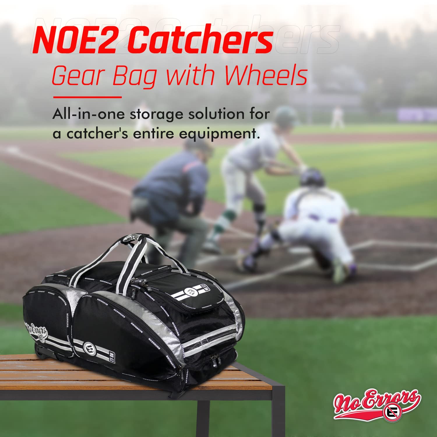No Errors NO E2 Wheeled Catchers Gear Bag - Large Durable Baseball & Softball Equipment Bag with Fatboy Wheels - Perfect for Catchers, Coaches & Travel Teams - Ideal for Games, Practices & Tournaments