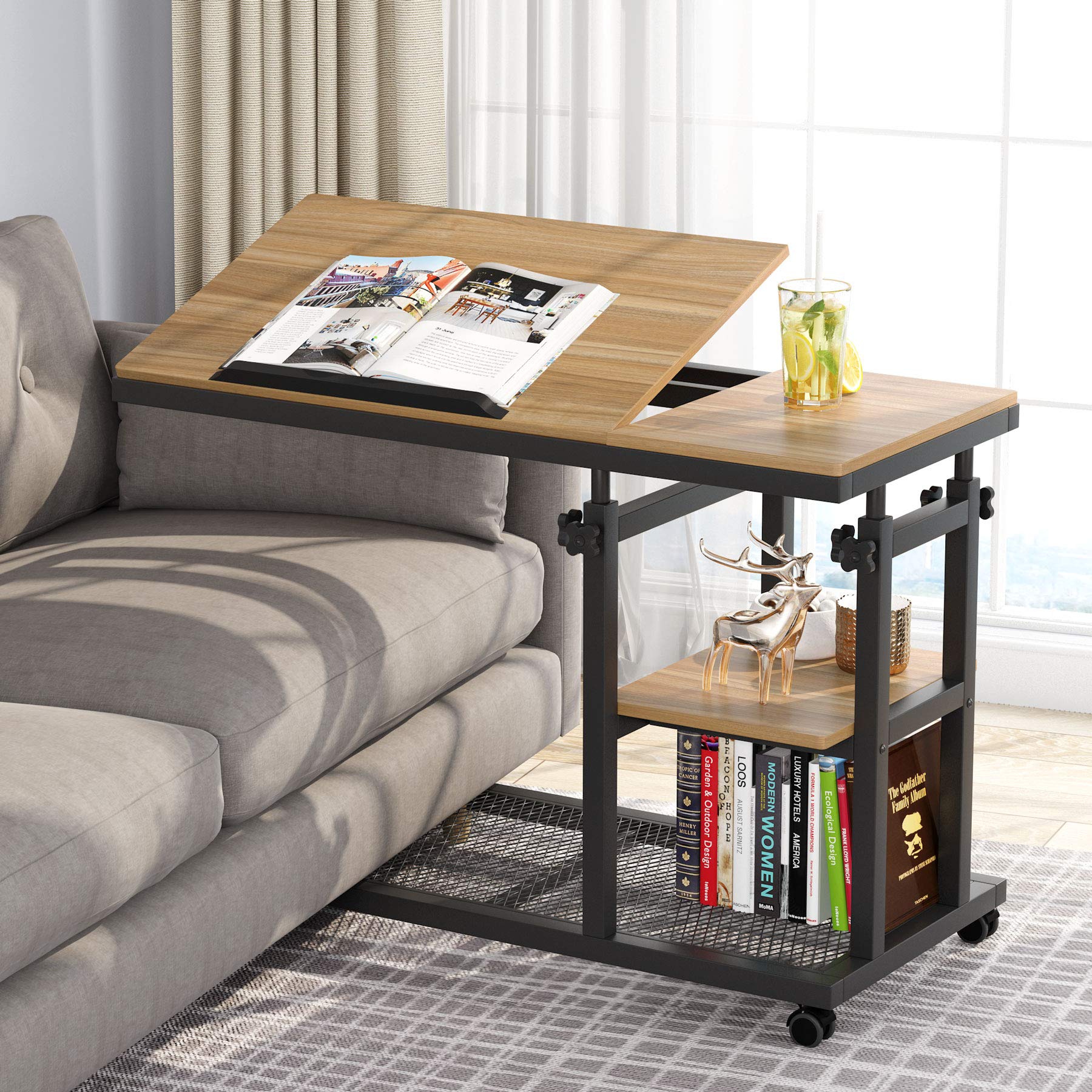Tribesigns Adjustable Height C-Shaped Table with Wheels - Mobile Sofa Side Table, Tiltable Drawing Board, Laptop Stand, and Storage Shelves for Living Room, Bedroom, or Office (Black & Oak)