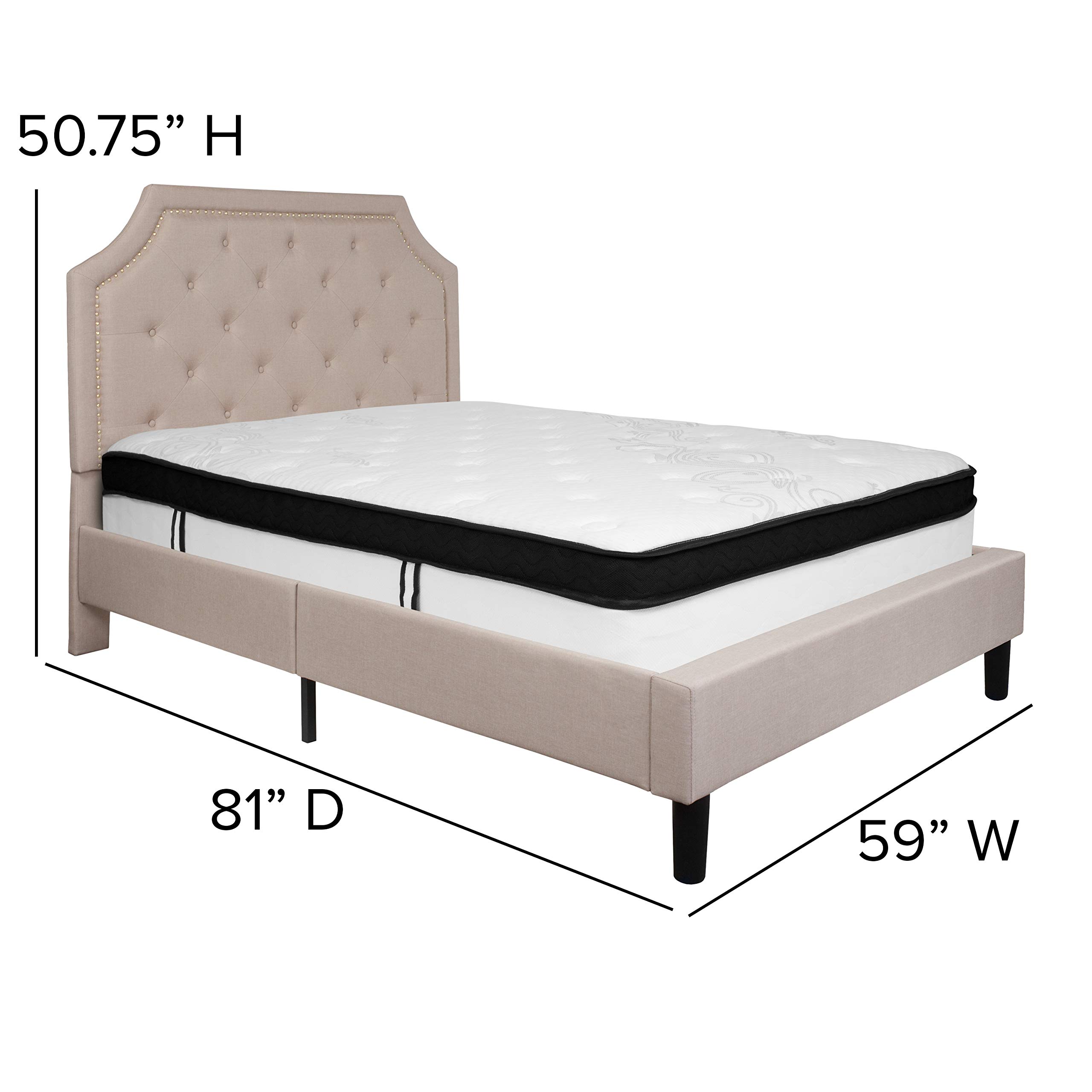 Emma & Oliver Full Arched Tufted Platform Bed Frame with Memory Foam Mattress - Beige Fabric Upholstered Queen Size Bed for Modern Bedroom & Guest Room