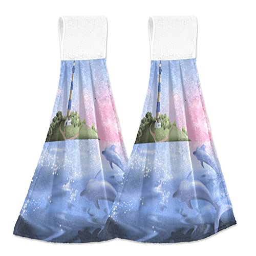 2-Pack Seascape Dolphins Sunrise Hanging Kitchen Towels - Cute Lighthouse Ocean Design Hand Towels - Soft Coral Velvet Loop Dish Towels for Kitchen & Bathroom - Absorbent Washcloths & Tie Towels - Perfect for Coastal Decor, Beach House, Nautical Themed Kitchens