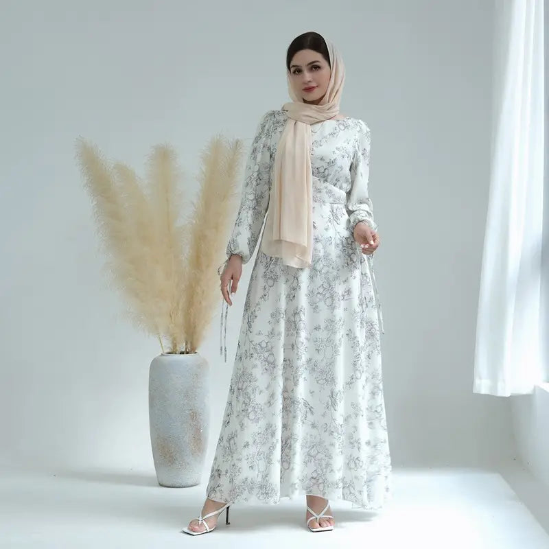 Elegant Printed Chiffon Muslim Women's Abaya Dress with Lining - Perfect for Prayer, Eid, and Special Occasions