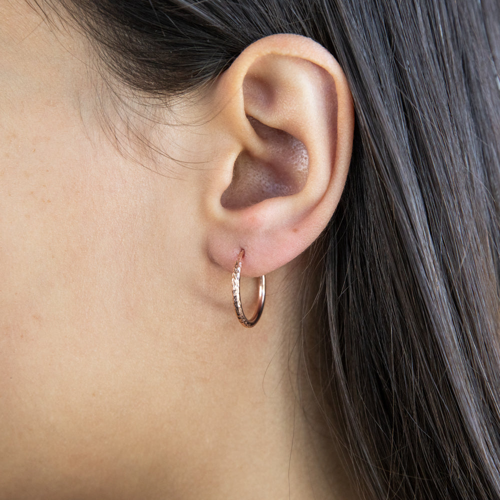9ct Silver Filled Rose Gold Diamond Cut 15mm Sleeper Hoop Earrings for Women - Hypoallergenic Everyday Jewelry for Sensitive Ears, Perfect for Sleeping, Work & Casual Wear