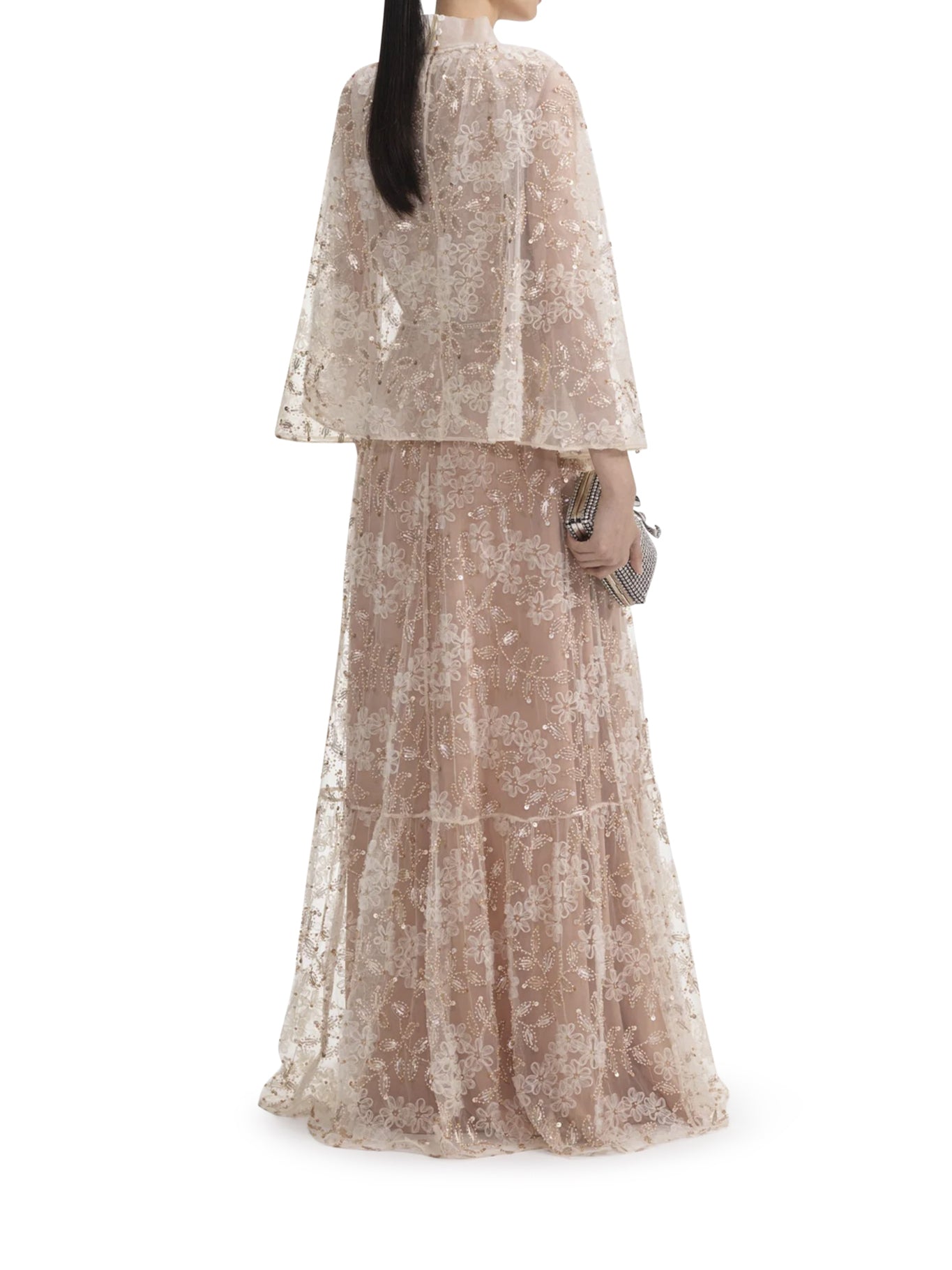 Embellished Cape Maxi Dress for Women - Elegant Long Formal Gown with Flowy Cape for Evening Parties, Weddings & Special Occasions