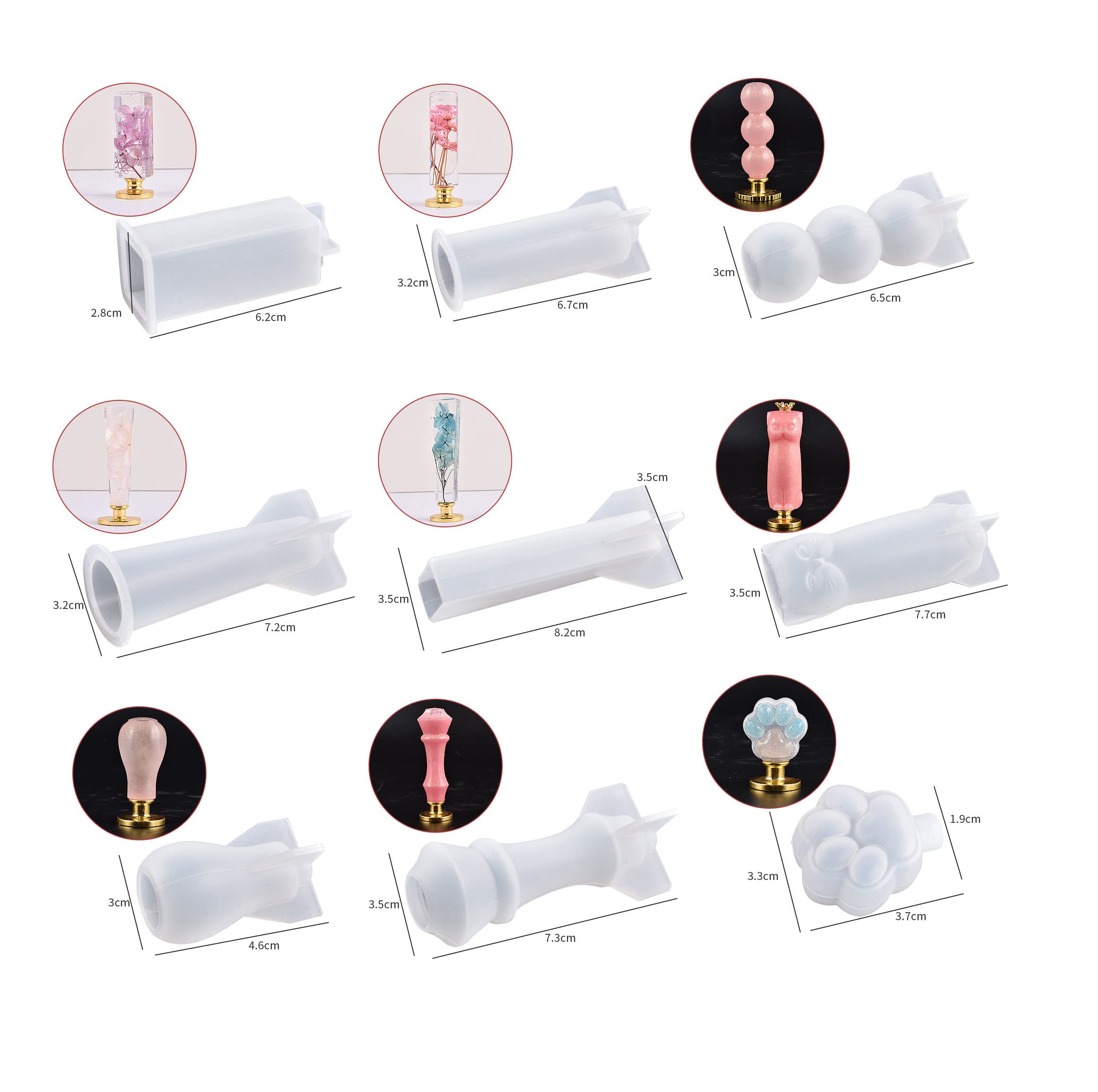 9pcs Wax Seal Handle Molds with 9pcs Wax Seal Stamps - Silicone Handle Molds for Epoxy Resin & Resin Casting - DIY Wax Seal Kit for Letters, Invitations, Wedding Decor and Crafts