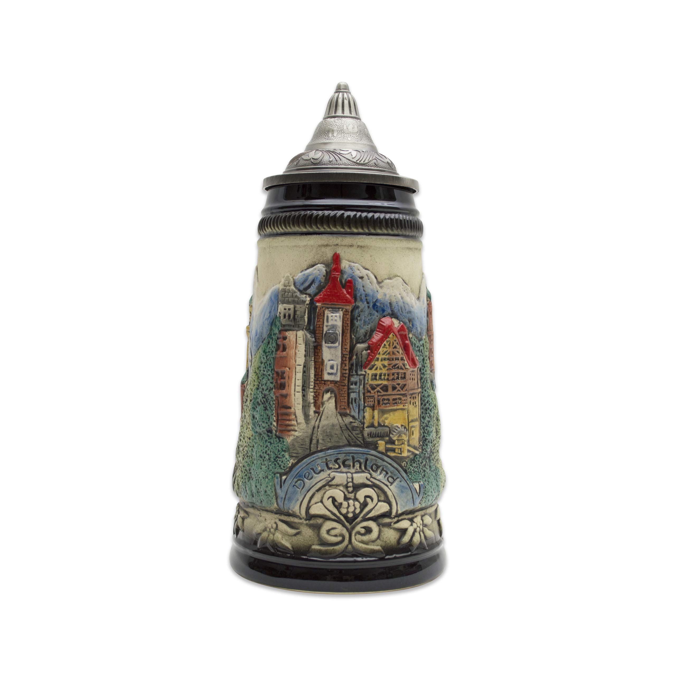 Authentic German Beer Stein 0.90 Liter - OktoberfestHaus Tankard with Alps Mountain Village & Castle Design, Lid Included | Perfect Gift for Beer Lovers, Oktoberfest Parties & Home Bar Decor | Durable Beer Mug for Men & Collectors