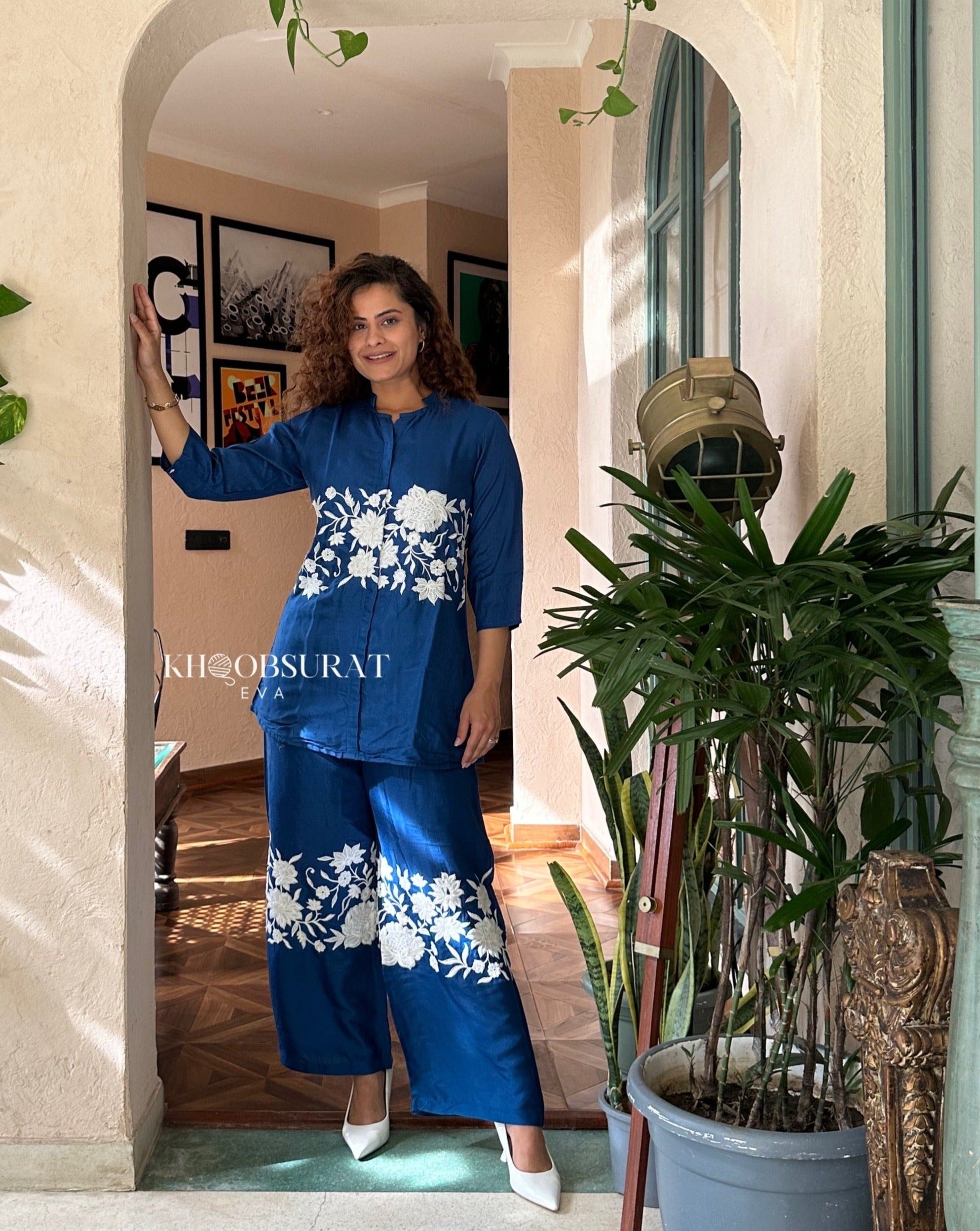 Doris Blue Festive Matching Outfit Set for Women | Stylish Party Wear & Holiday Outfit | Perfect for Christmas, New Year & Special Occasions