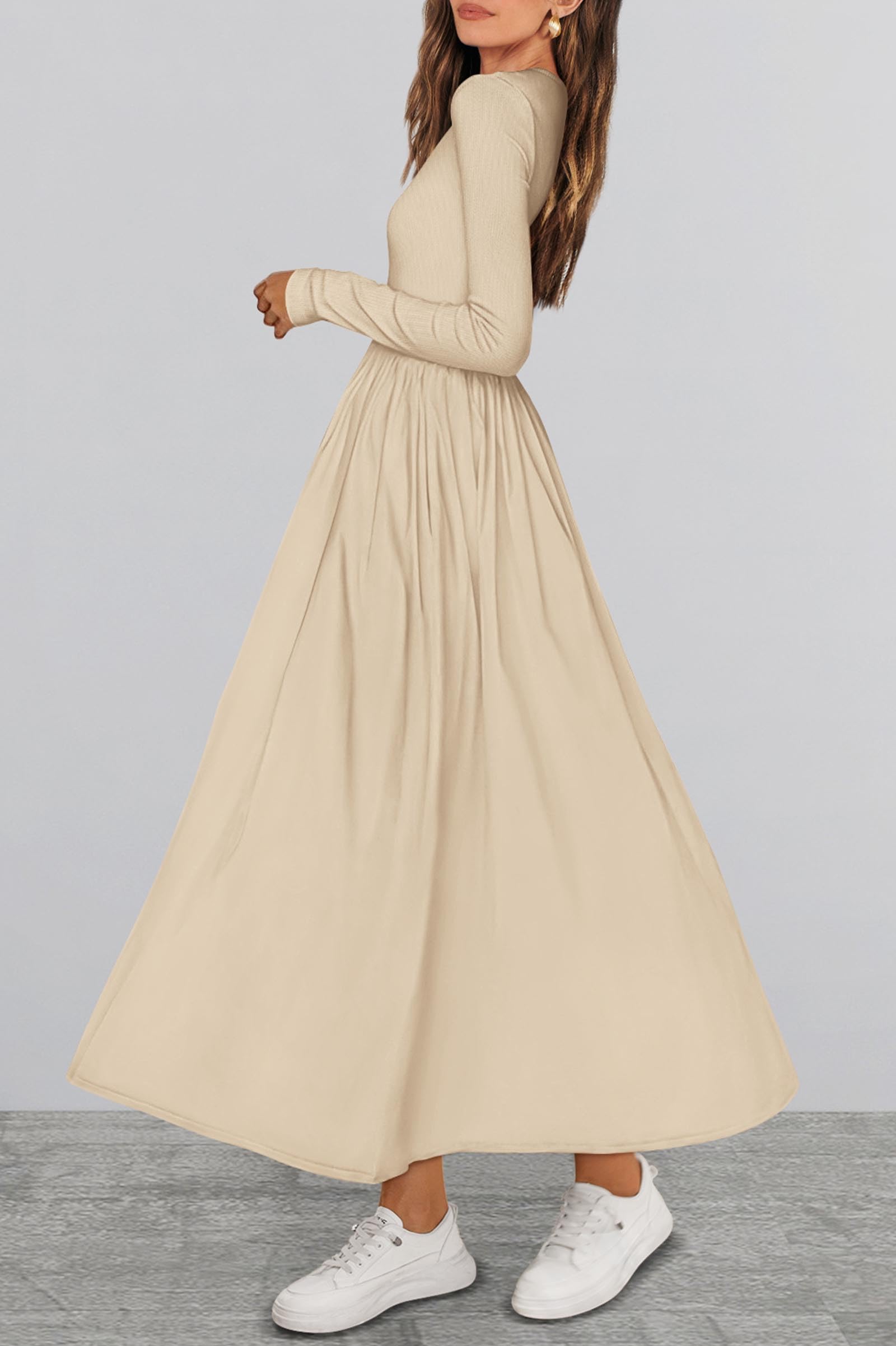 KIRUNDO Women's Elegant Boho Flowy Midi Dress with Pockets - Long Sleeve Casual Wedding Guest Dress for Spring Summer Fall 2025 | Perfect for Garden Parties, Bridal Showers & Date Nights