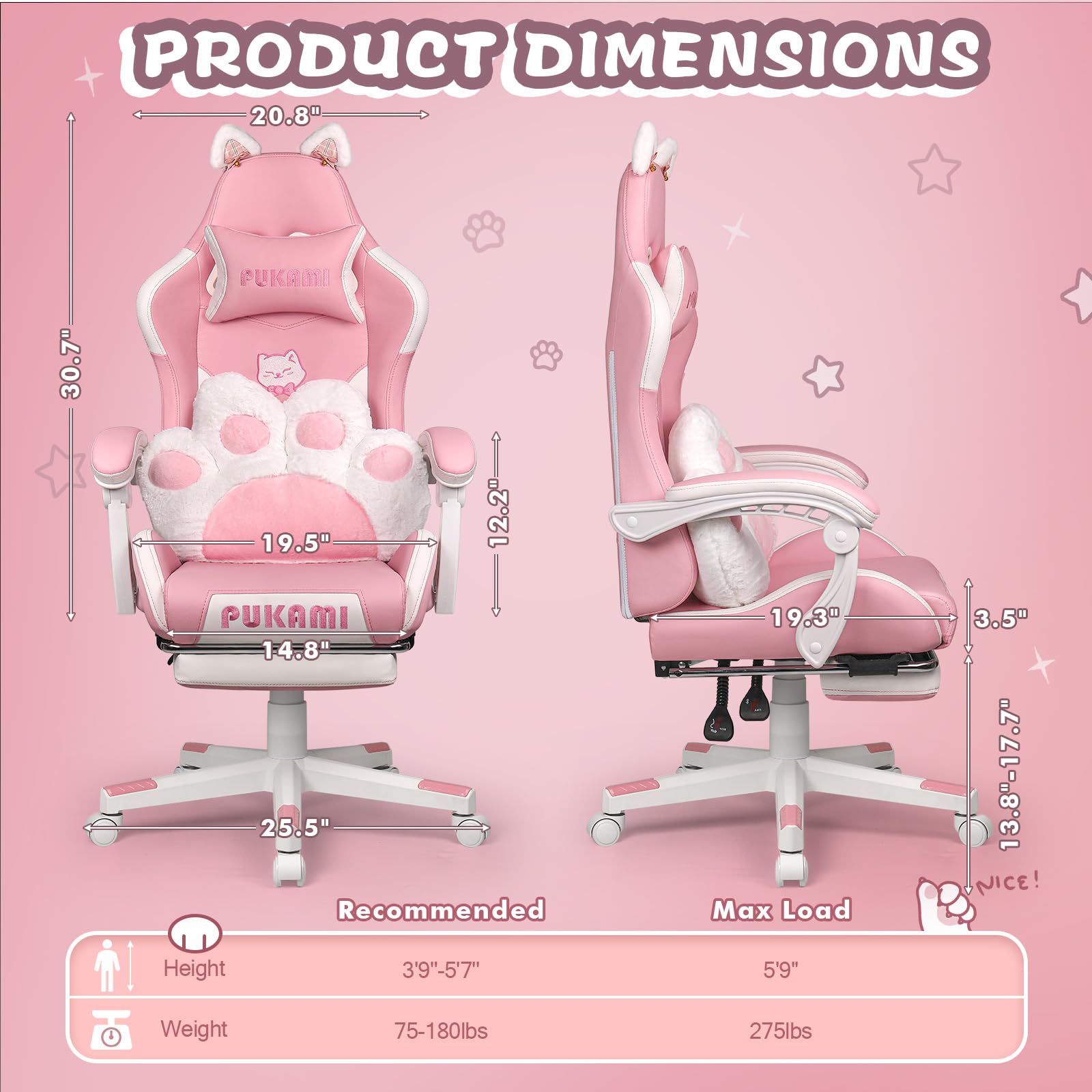 **PUKAMI Pink Gaming Chair with Cat Ears & Footrest - Ergonomic Reclining Computer Chair for Girls, Kawaii Cat Paw Cushion Included - Perfect for Gaming, Streaming, and Home Office**