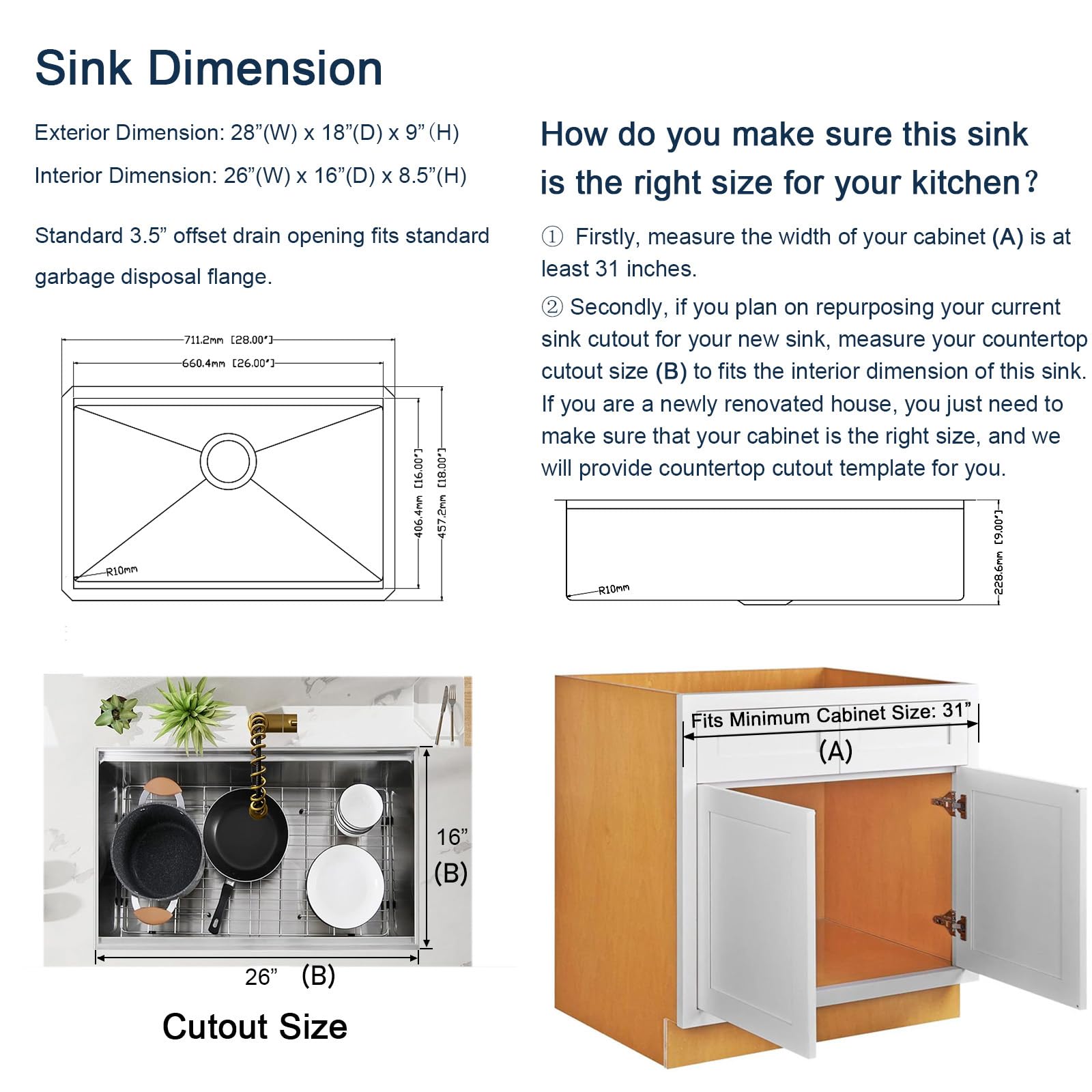 28-Inch Undermount Single Bowl Stainless Steel Kitchen Sink - 18 Gauge Workstation with R10 Radius & Ledge | CELAENO Handmade All-in-One Sink for Modern Kitchens | Perfect for Food Prep, Dishwashing & Entertaining