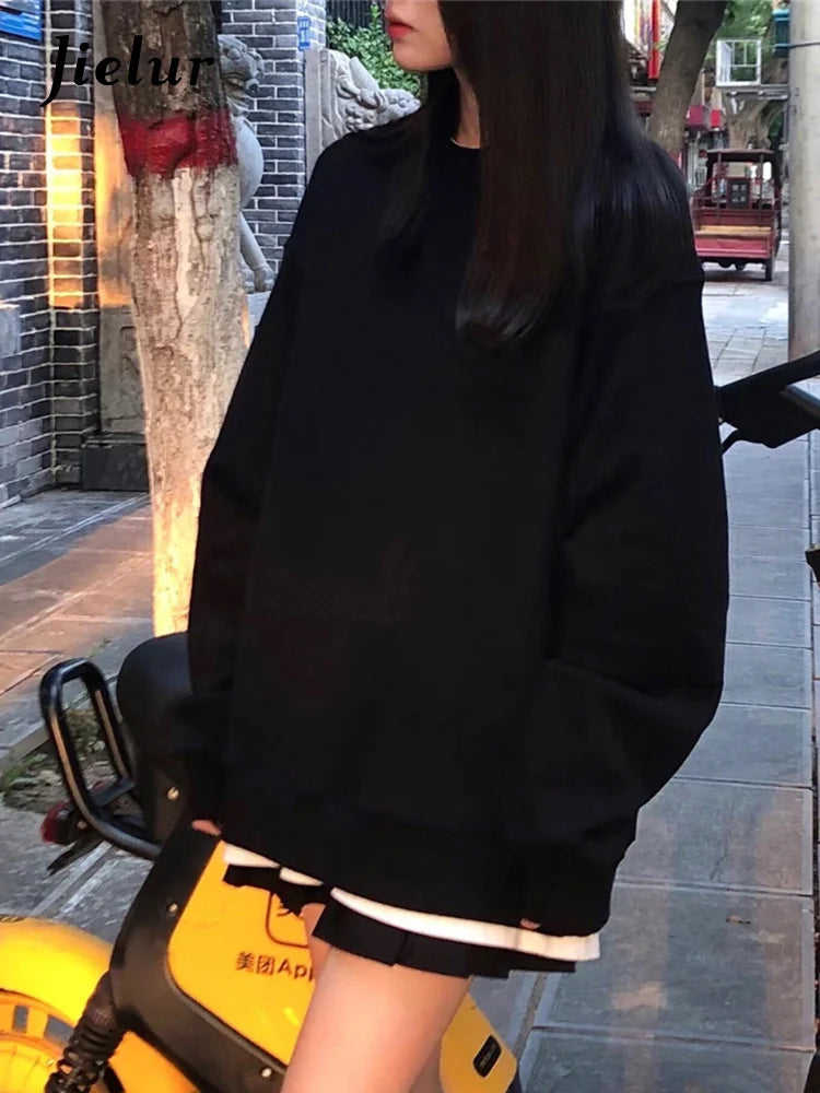 Black O-Neck Pullover Sweatshirt for Women - Vintage High Street Style, Solid Color Loose Fit Hoodie - Perfect for Autumn Office Wear & Casual Fashion