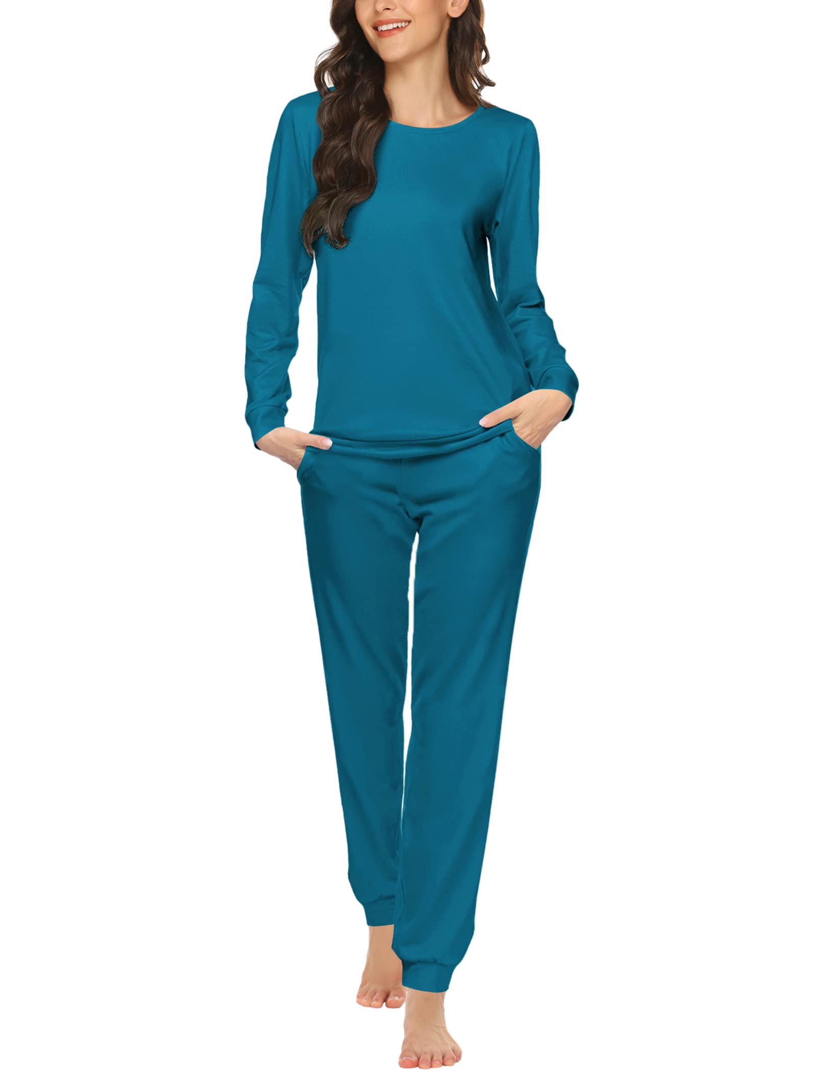 Ekouaer Women's Long Sleeve Jogger Pajama Set - Soft Sleepwear with Pockets, Round Neck Lounge Pjs for Nightwear, Comfortable Home Outfit & Cozy Loungewear for Relaxing