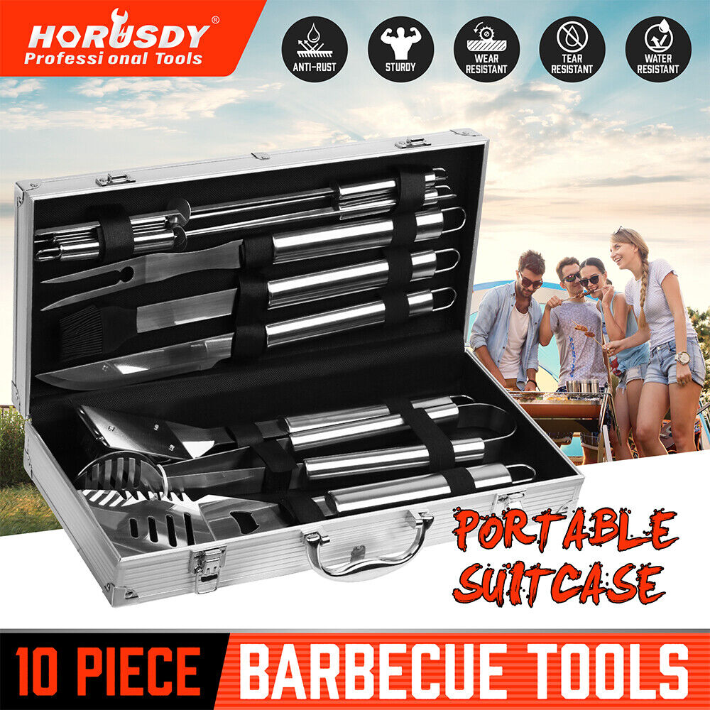 10Pcs Stainless Steel BBQ Tool Set - Heavy Duty Outdoor Grill Utensils for BBQ, Grilling & Cooking - Perfect for Backyard, Camping & Picnics