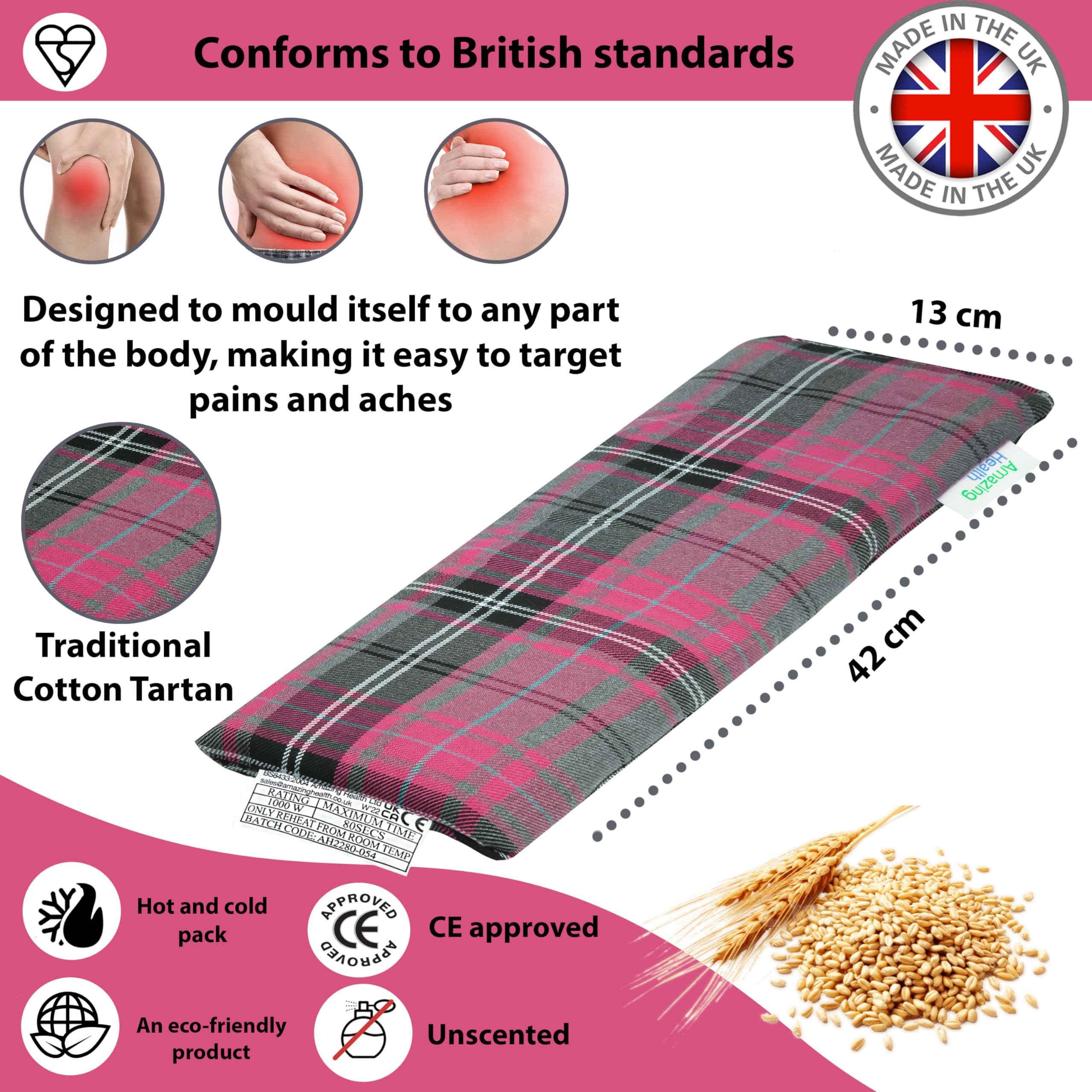 Unscented Microwave Wheat Bag - UK Made, Pink Tartan Cotton, Heat Therapy for Pain Relief - Perfect for Neck, Shoulder & Back Pain Relief at Home or Office