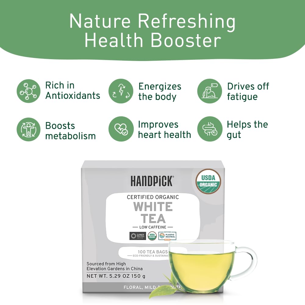 Premium Organic White Tea Bags - 100 Count | USDA Certified, 100% Pure & Natural | Mild Flavor, Smooth Taste | Eco-Friendly Packaging | Perfect for Relaxation, Detox & Daily Wellness