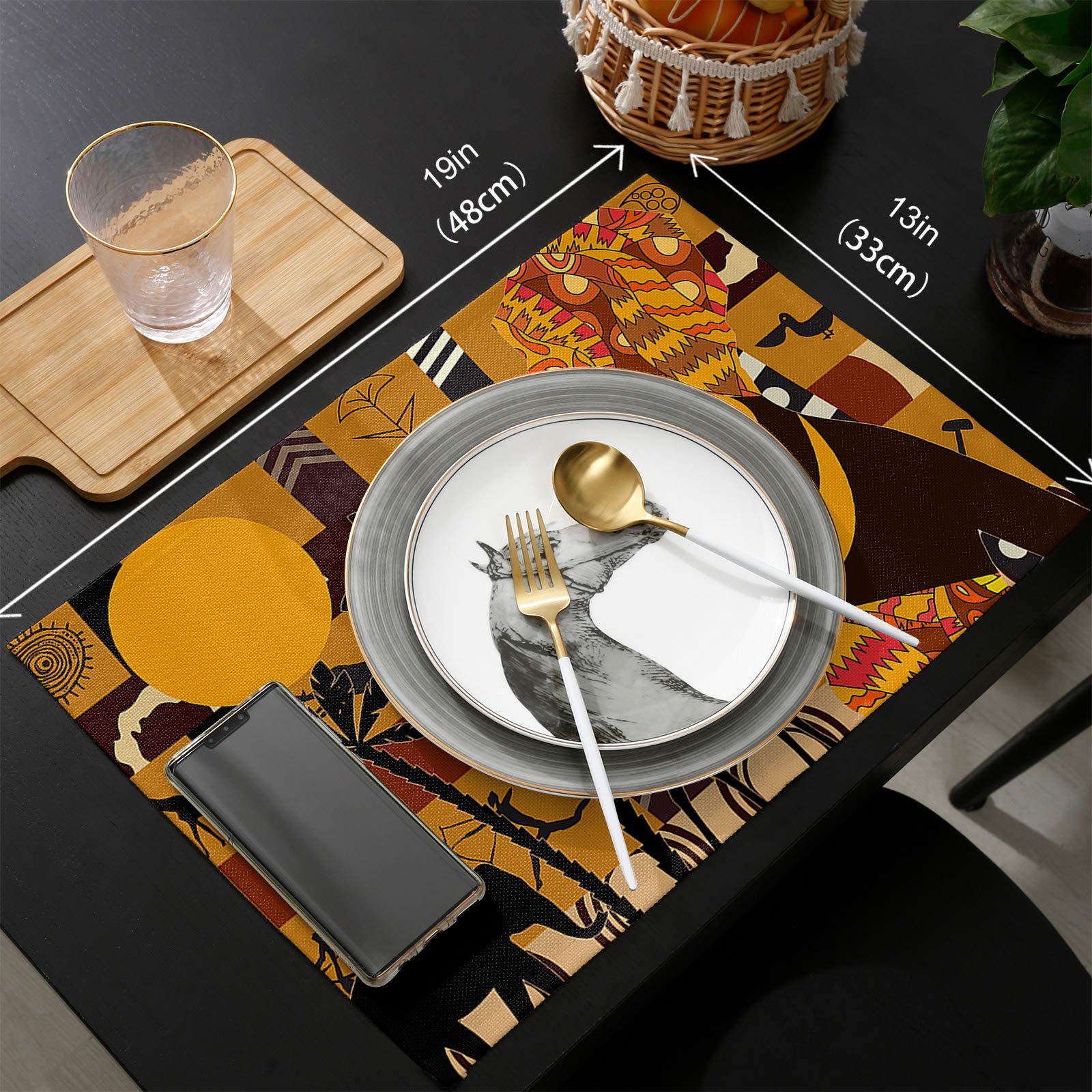 Set of 4 Black Women Placemats - African Animal Giraffe Elephant Design, Washable Dining Table Mats for Kitchen & Dinner Room Decor, Perfect for Family Gatherings & Special Occasions