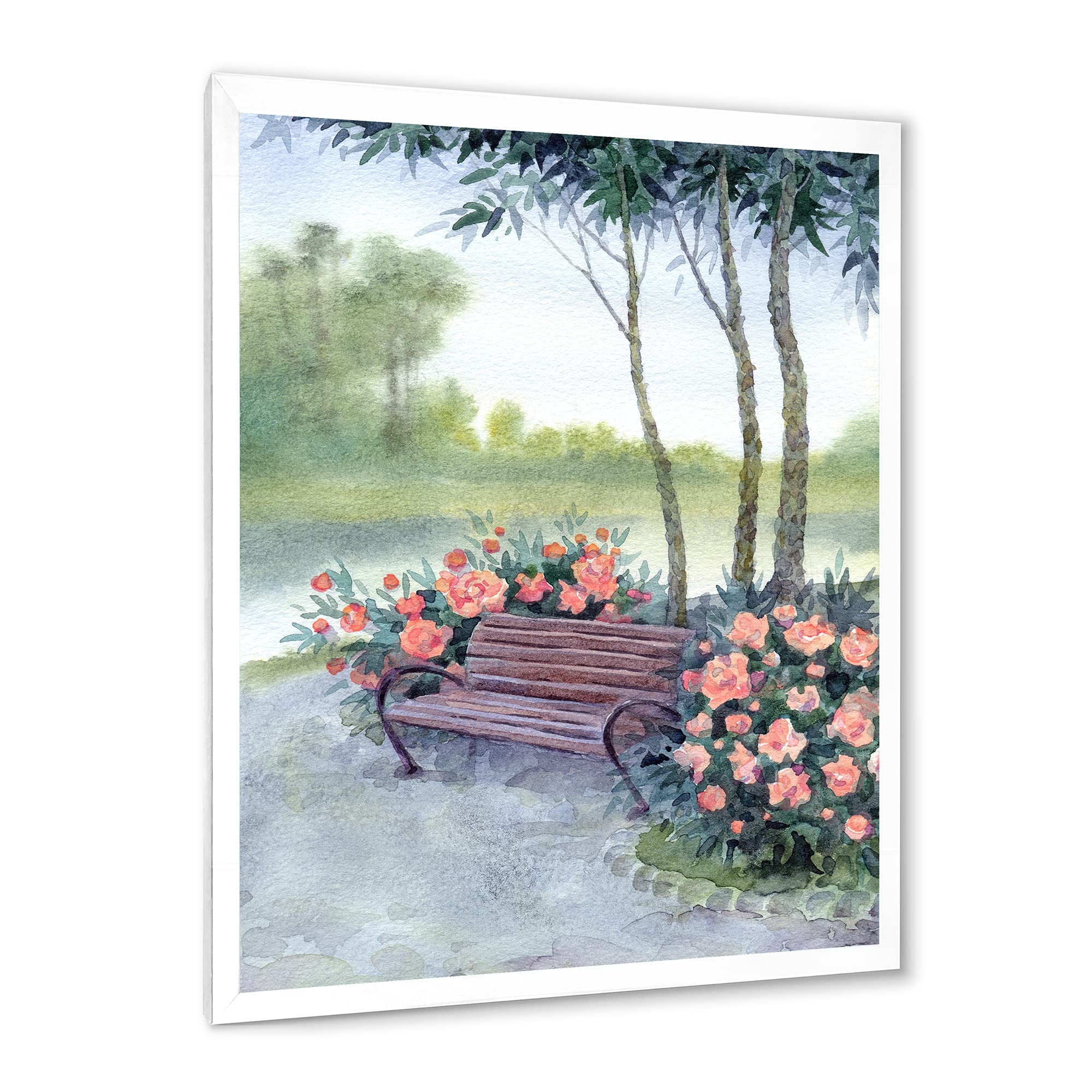 DesignQ Traditional Framed Wall Art - Park Bench by Pine Bushes Landscape Painting for Living Room, Bedroom & Office Decor
