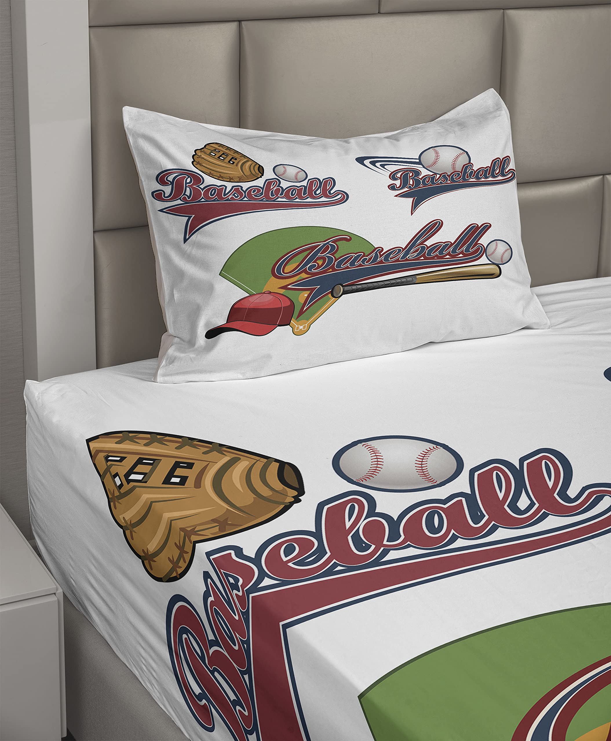Ambesonne 3-Piece Baseball Sports Sheet Set - Twin XL Fitted & Flat Sheet with Pillowcase - Baseball Mitt, Bat & Ball Design - Team Sports Bedding for Kids & Adults - Perfect for Game Day Decor, Sports Themed Bedrooms & Fan Gifts