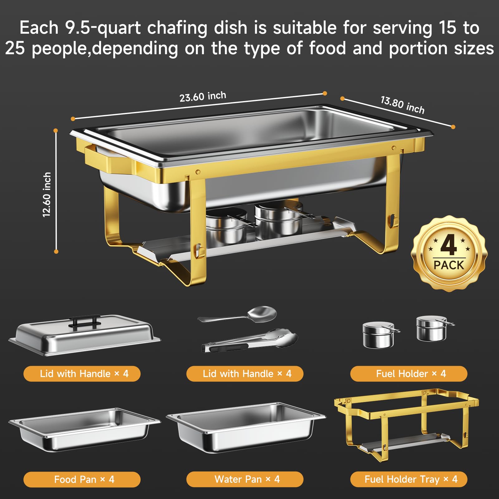 Premium 4-Pack 9.5QT Stainless Steel Chafing Dish Buffet Set with Gray Handle - Complete Catering Chafer Kit for Restaurants, Weddings & Buffet Service (Golden)