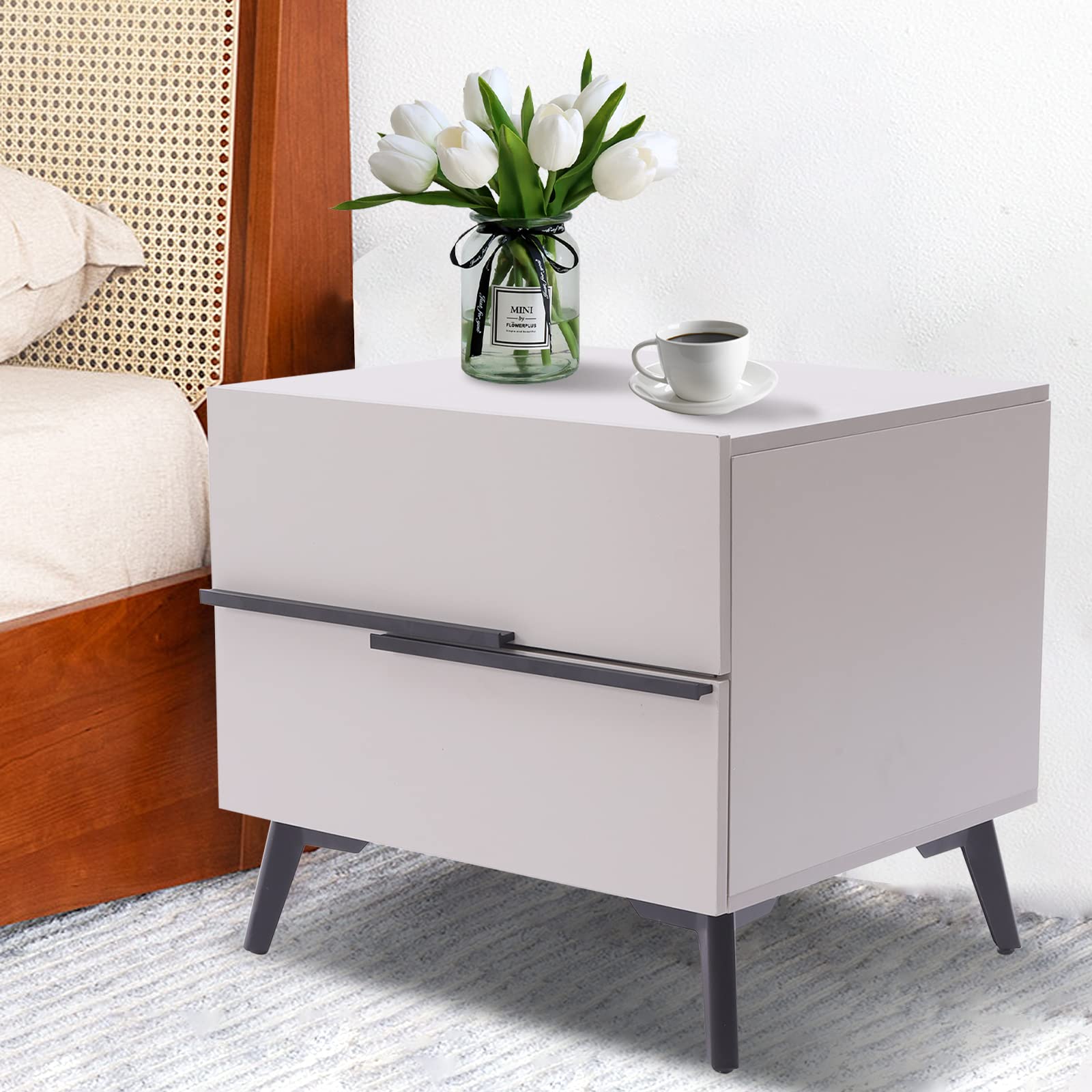 Modern Nightstand with 2 Drawers - Wooden Bedside Table for Bedroom Storage | Compact End Table for Small Spaces, Apartment Living & Guest Rooms
