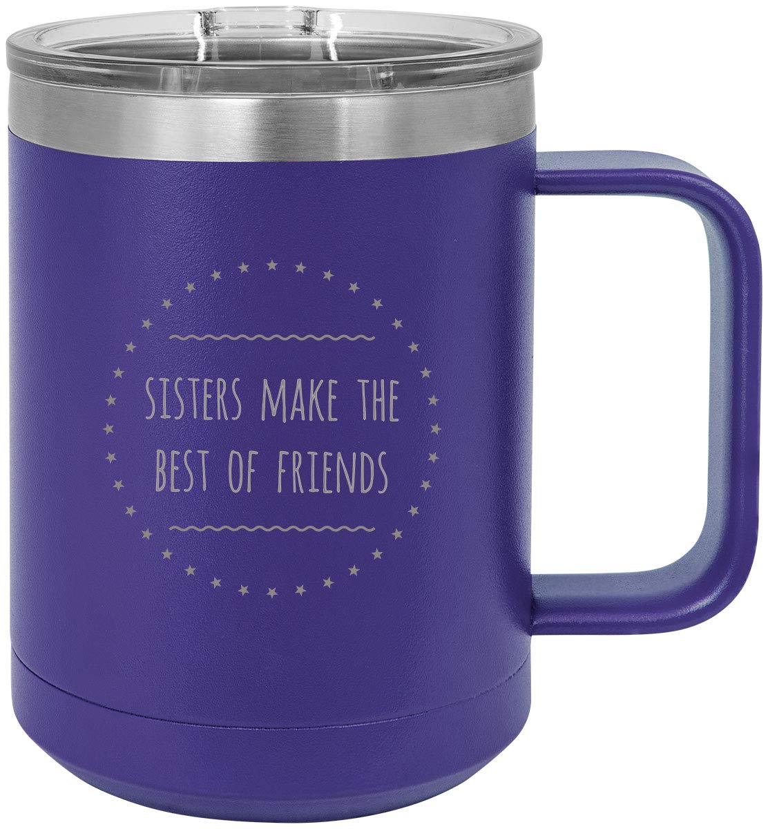 Personalized Stainless Steel Vacuum Insulated 15oz Travel Coffee Mug with Slider Lid - Purple Engraved 'Sisters Make the Best Friends' Tumbler - Perfect Gift for Sister, Best Friend & Coffee Lovers - Ideal for Office, Commuting & Outdoor Adventures