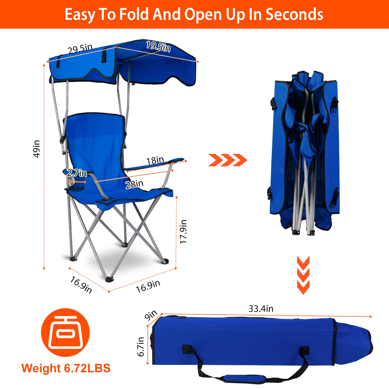 Foldable Beach Canopy Chair with Sun Shade - Heavy Duty Camping Chair for Outdoor Use, Portable Lawn Chair with Cup Holder - Perfect for Beach, Park, Patio, Backyard & Picnic (Blue)