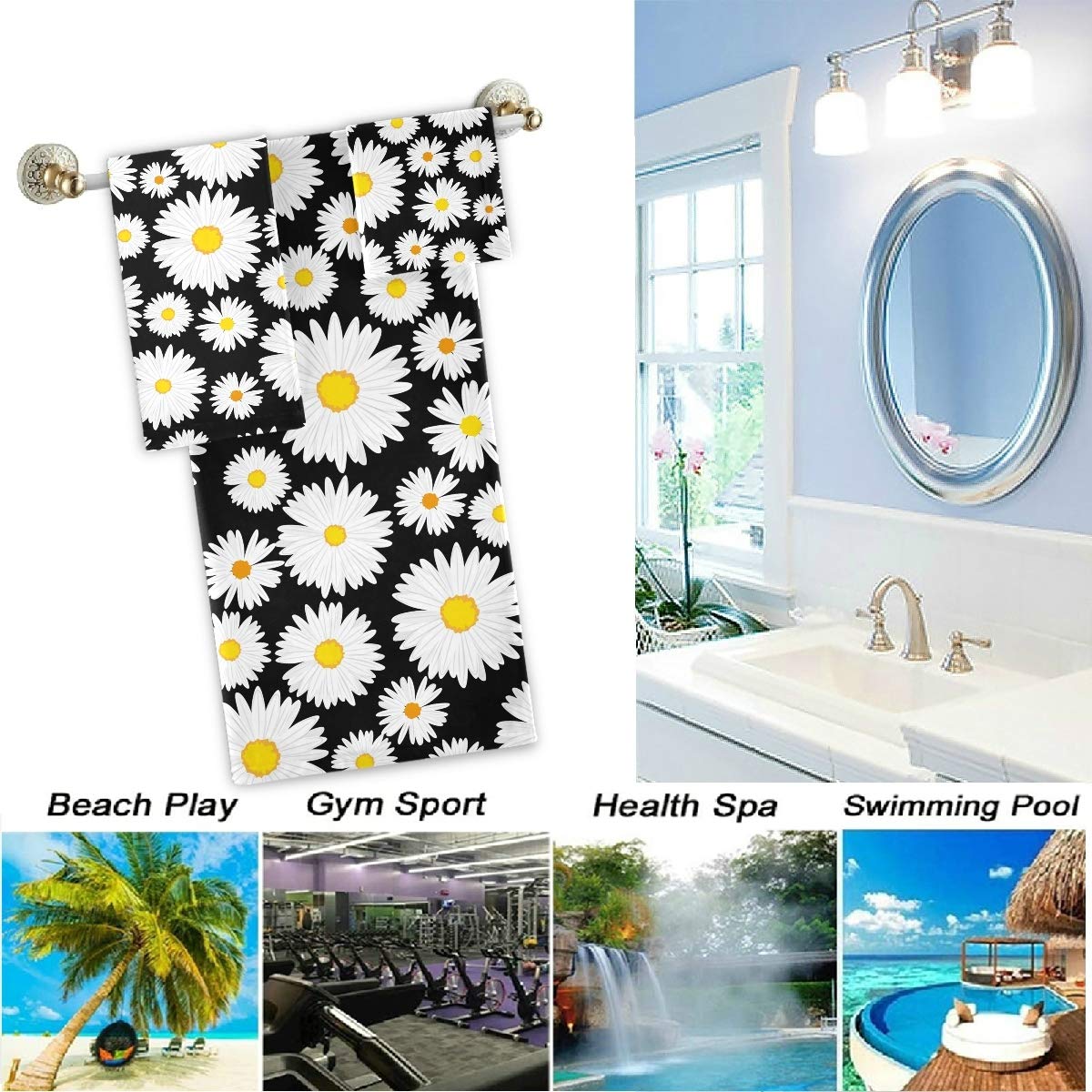 Luxury Soft Floral Daisies Bath Towel Set of 3 - 1 Bath Towel, 1 Hand Towel & 1 Washcloth | Premium Absorbent Cotton for Bathroom, Hotel, Gym, Spa & Beach | Elegant Black & White Home Decor | Perfect for Guest Rooms, Poolside & Vacation Rentals