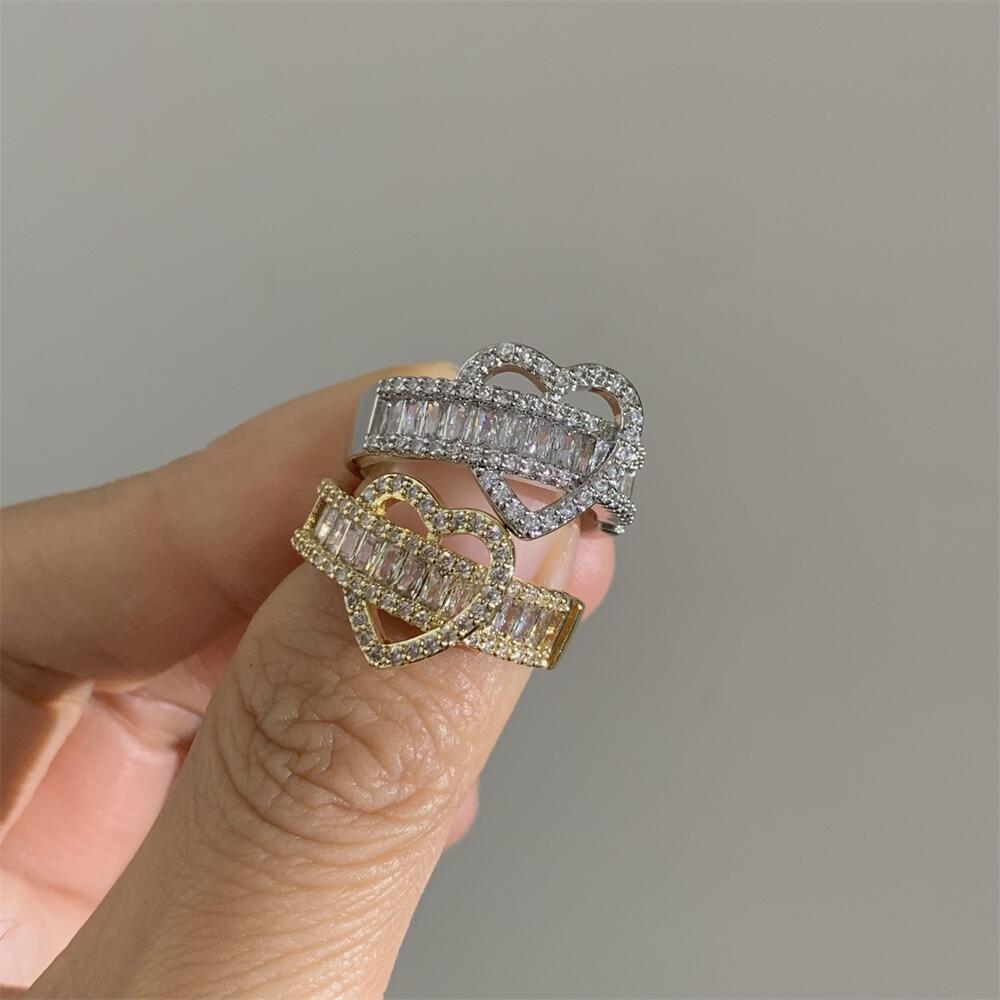 Wide Band Zircon Gold Heart Ring for Women | Elegant 925 Sterling Silver Jewelry Gift for Valentine's Day, Anniversary & Special Occasions | A8546