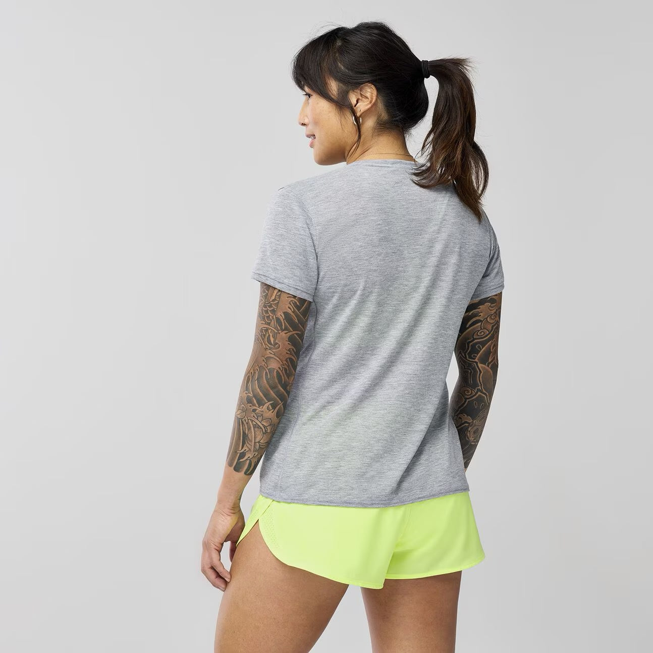 Women's Running Short Sleeve Shirt - Nike Distance 3.0 Tech Top in Heather Ash/Run Happy - Lightweight Moisture-Wicking Performance Tee for Jogging, Gym Workouts & Outdoor Activities