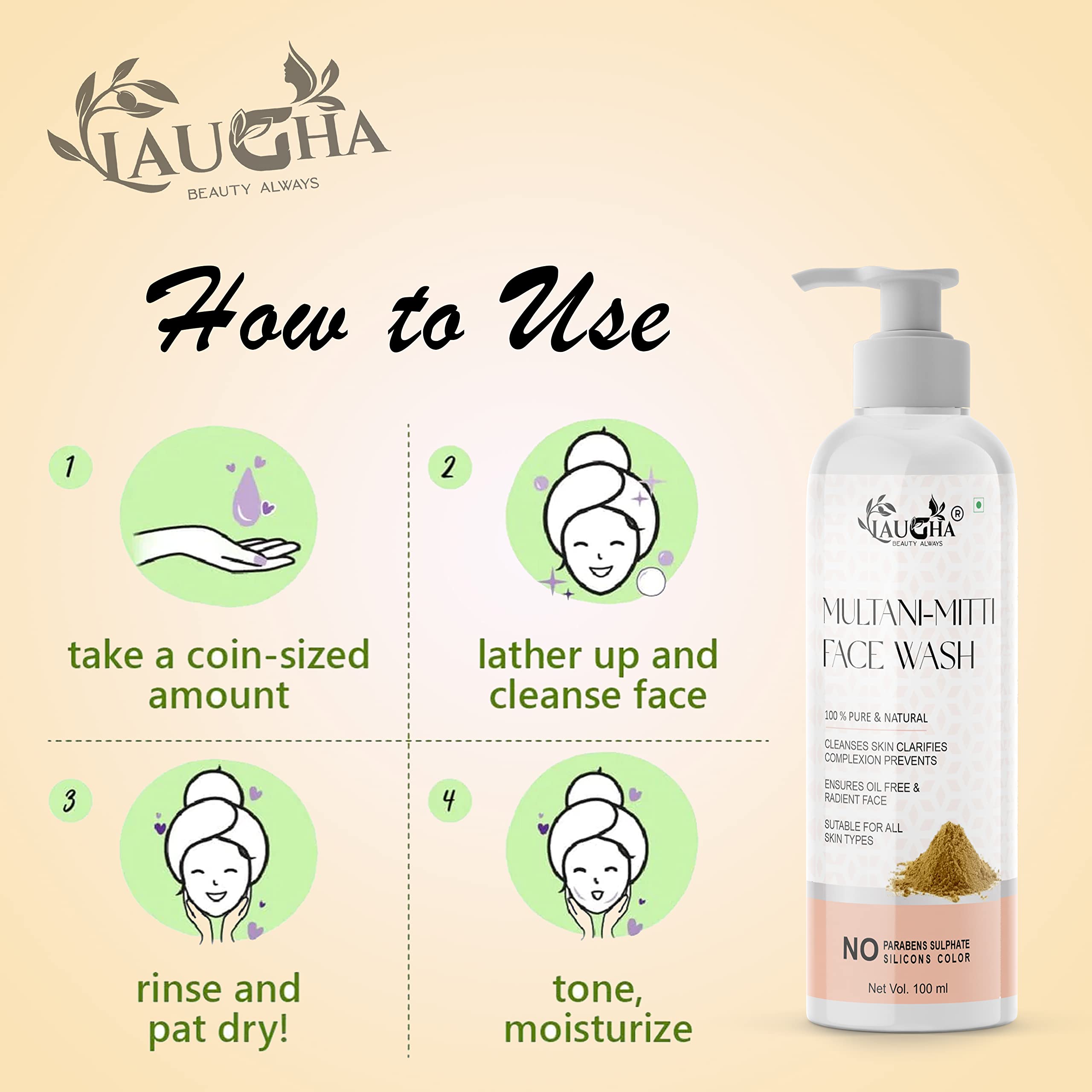 Laugha Multani Mitti Face Wash for Oily Skin - Deep Cleansing, Acne Control & Oil Balancing (100ml) - Best for Daily Skincare Routine & Pimple Prevention