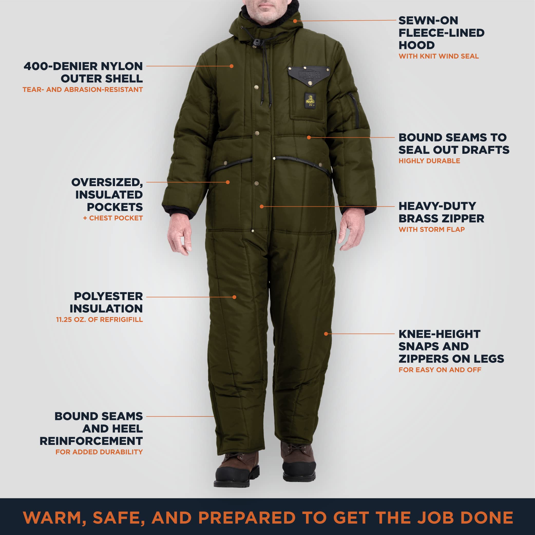 RefrigiWear Iron-Tuff Insulated Coveralls with Hood -50°F Extreme Cold Weather Workwear for Outdoor Winter Jobs & Hunting