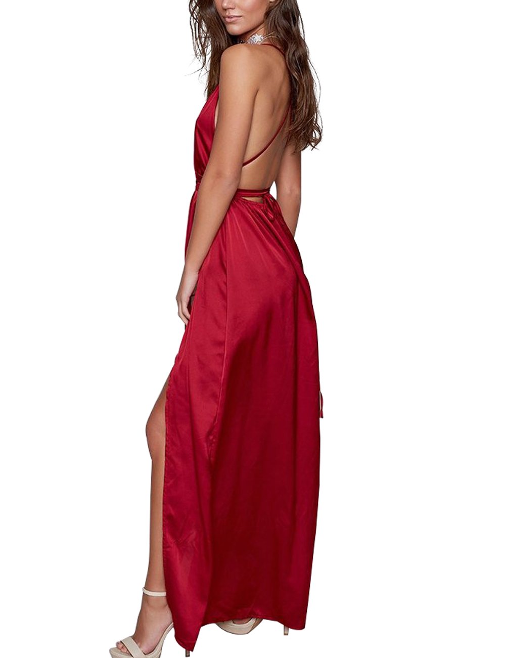 Elegant Women's Satin Formal Dress - Sexy V Neck Backless Long Maxi Gown with High Slit for Cocktail Party, Wedding Guest & Evening Occasions