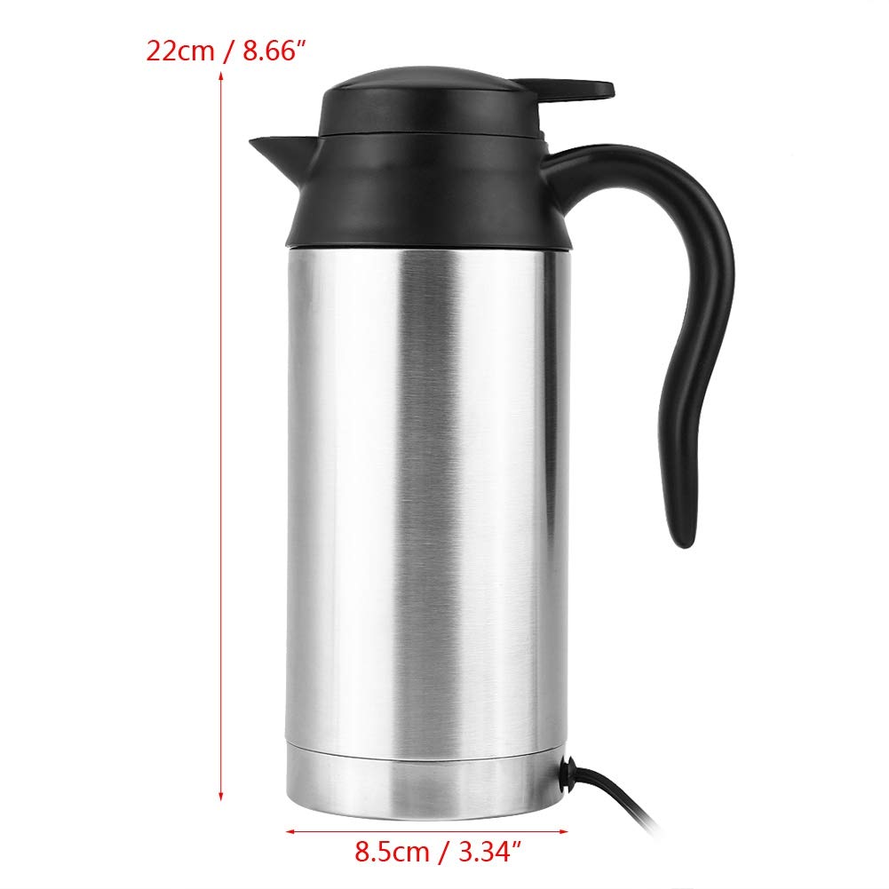 Tbest 750ml 12V Electric Water Kettle - Stainless Steel Car Travel Kettle with Cigarette Lighter Heating for Coffee & Tea - Silver & Black Portable Thermos - Perfect for Road Trips, Camping & Office Use