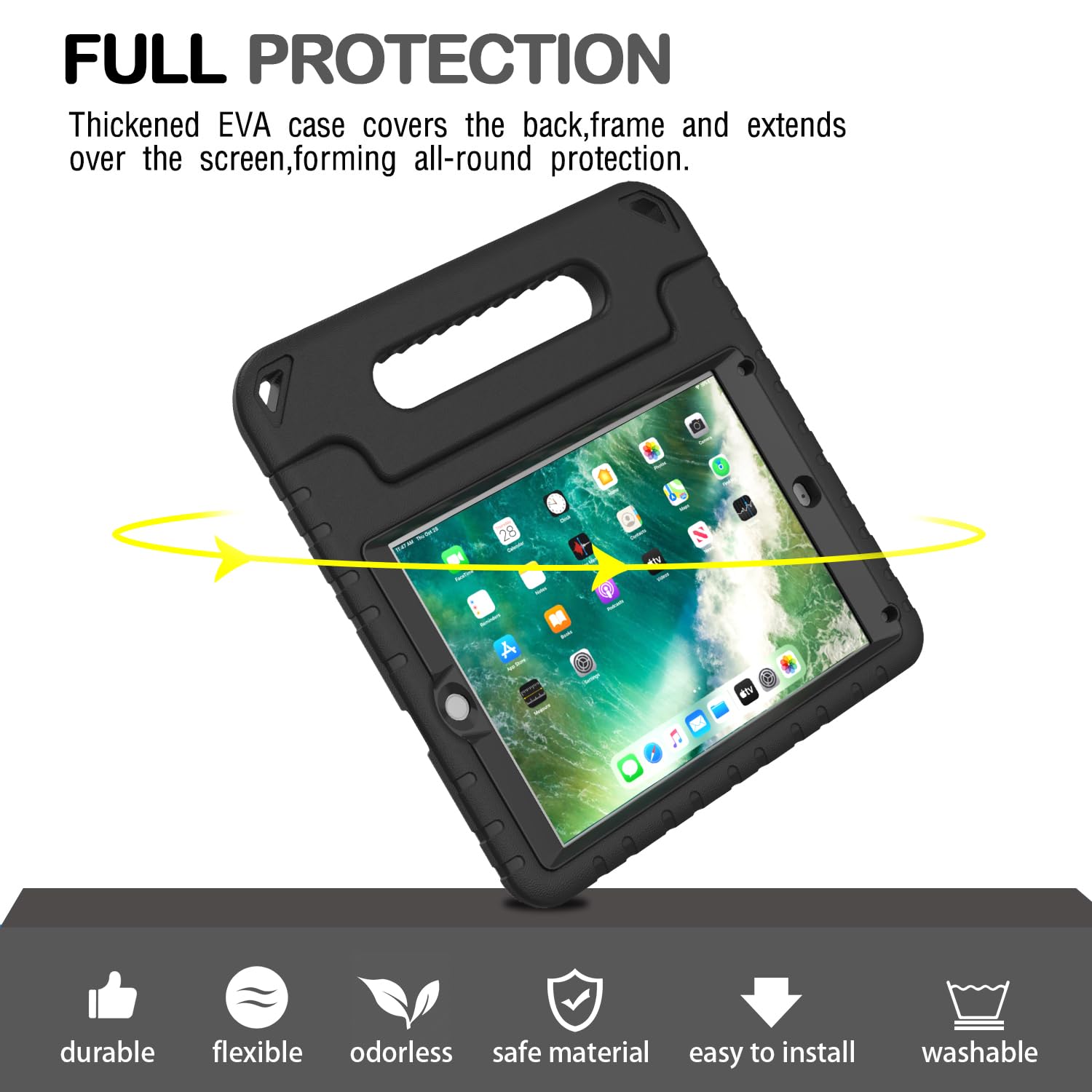 AVAWO Shockproof Kids iPad Case for iPad 9.7 (5th/6th Gen 2017/2018) & iPad Air 2 - Lightweight Convertible Handle Stand Cover with Built-in Screen Protector | Perfect for School, Travel & Home Use (Black)
