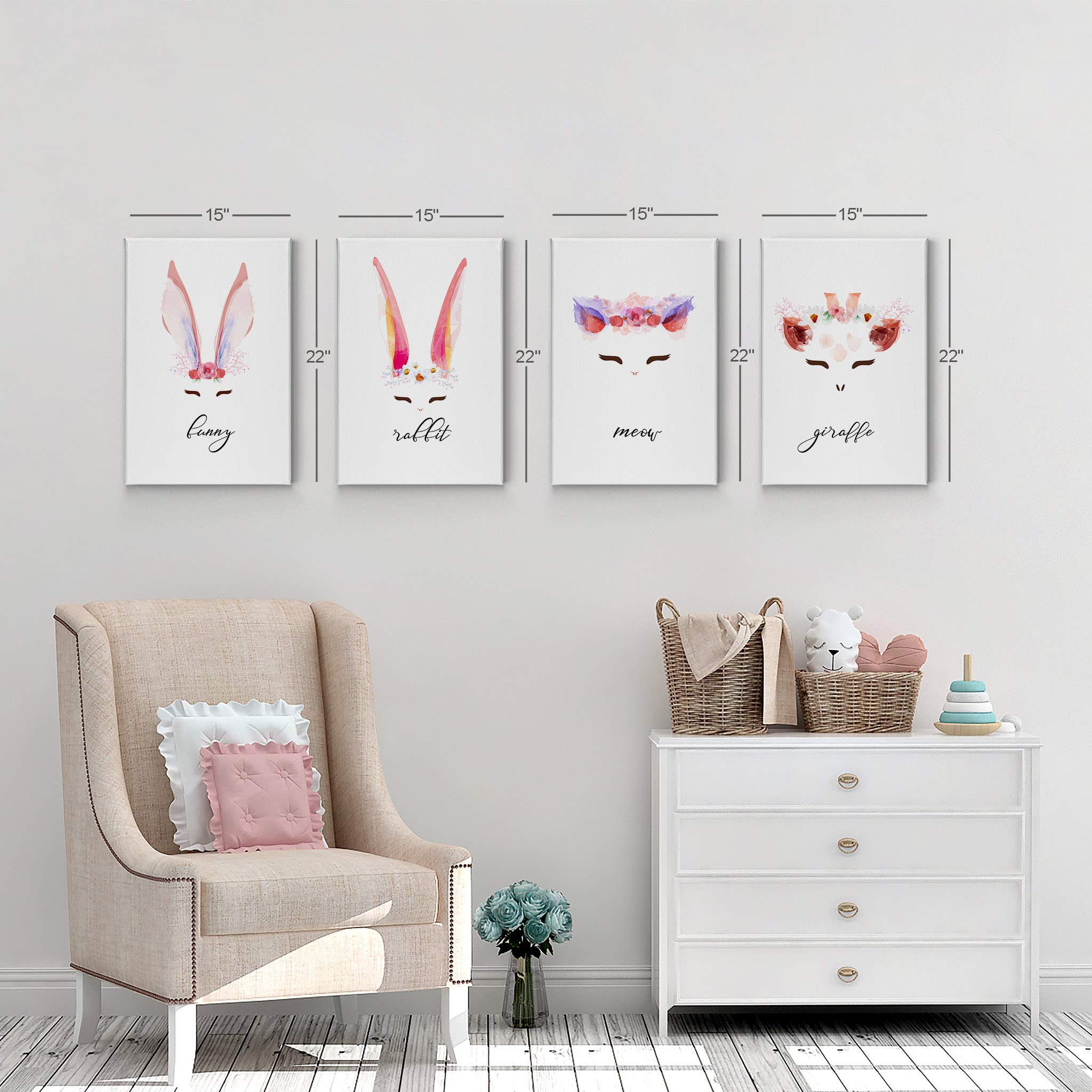 Smile Art Design Cute Animal Wall Art - 4 Panel Canvas Print Set with Cat, Bunny, Rabbit & Giraffe - Kids Room Decor, Nursery Wall Art, Baby Room Decor - Ready to Hang (17x11 Inches x4) - Made in USA - Perfect for Children's Bedrooms, Playrooms & Daycare Centers