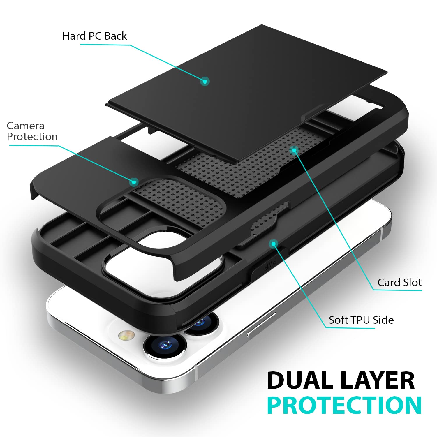 ZUSLAB Slim Wallet Case for iPhone 15 (6.1 Inch 2023 Model) - Card Holder Slot & Tempered Glass Screen Protector - Shockproof Rubber & PC Bumper Cover - Black (Men & Women) - Perfect for Everyday Use, Travel & Business