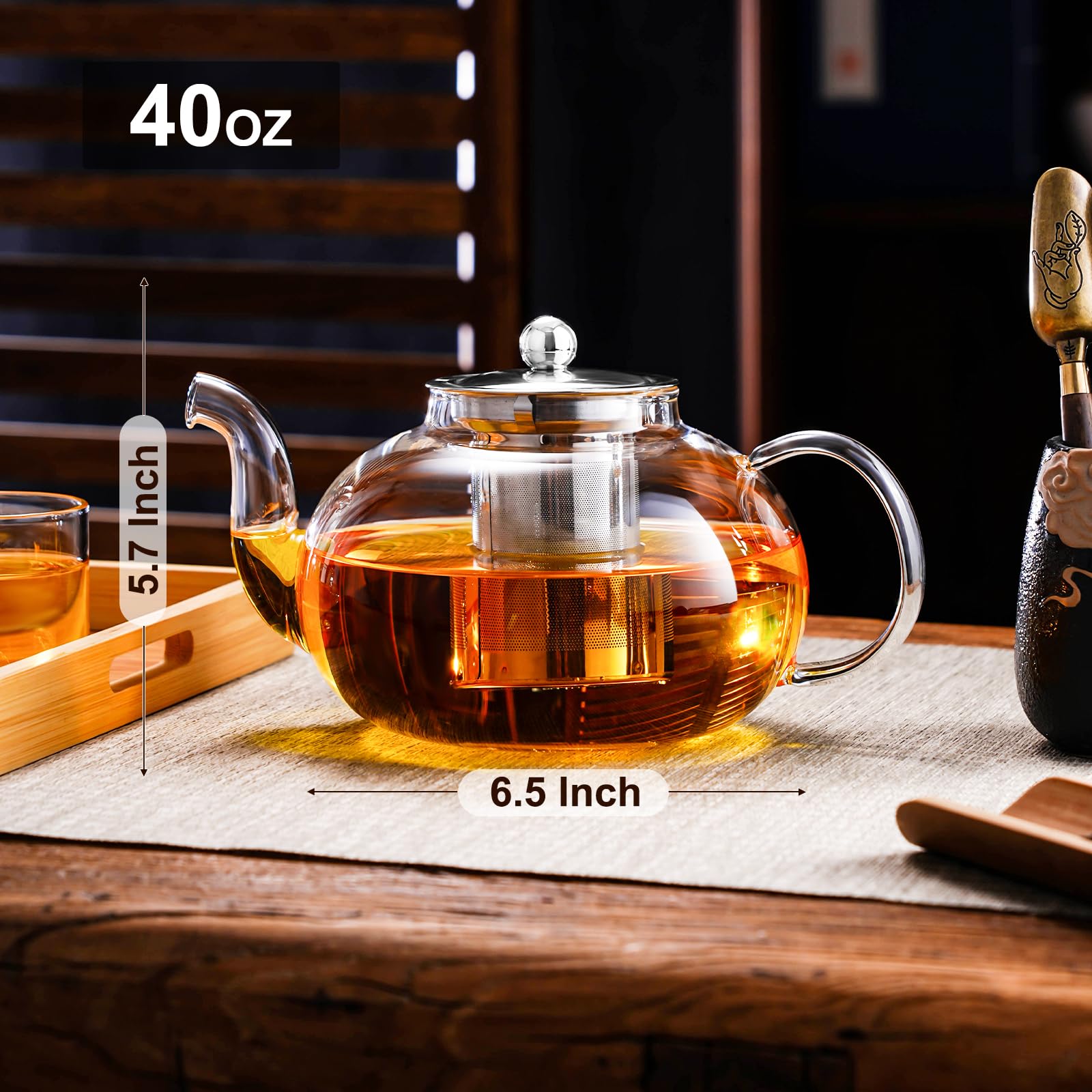 Premium Borosilicate Glass Teapot with Removable Stainless Steel Infuser - 40oz/1200ml Stovetop Safe Tea Kettle for Blooming & Loose Leaf Tea - Perfect for Home, Office, Camping & Travel Use