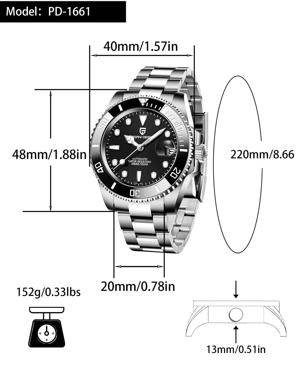 Pagani Design Men's Automatic Watch with Japanese Movement - Stainless Steel Waterproof Luminous Calendar Watch for Business, Casual & Outdoor Activities