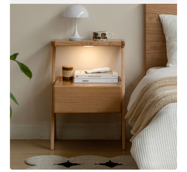Solid Oak Wood Nightstand with Built-in LED Light - Modern Bedside Table for Bedroom, Living Room & Office