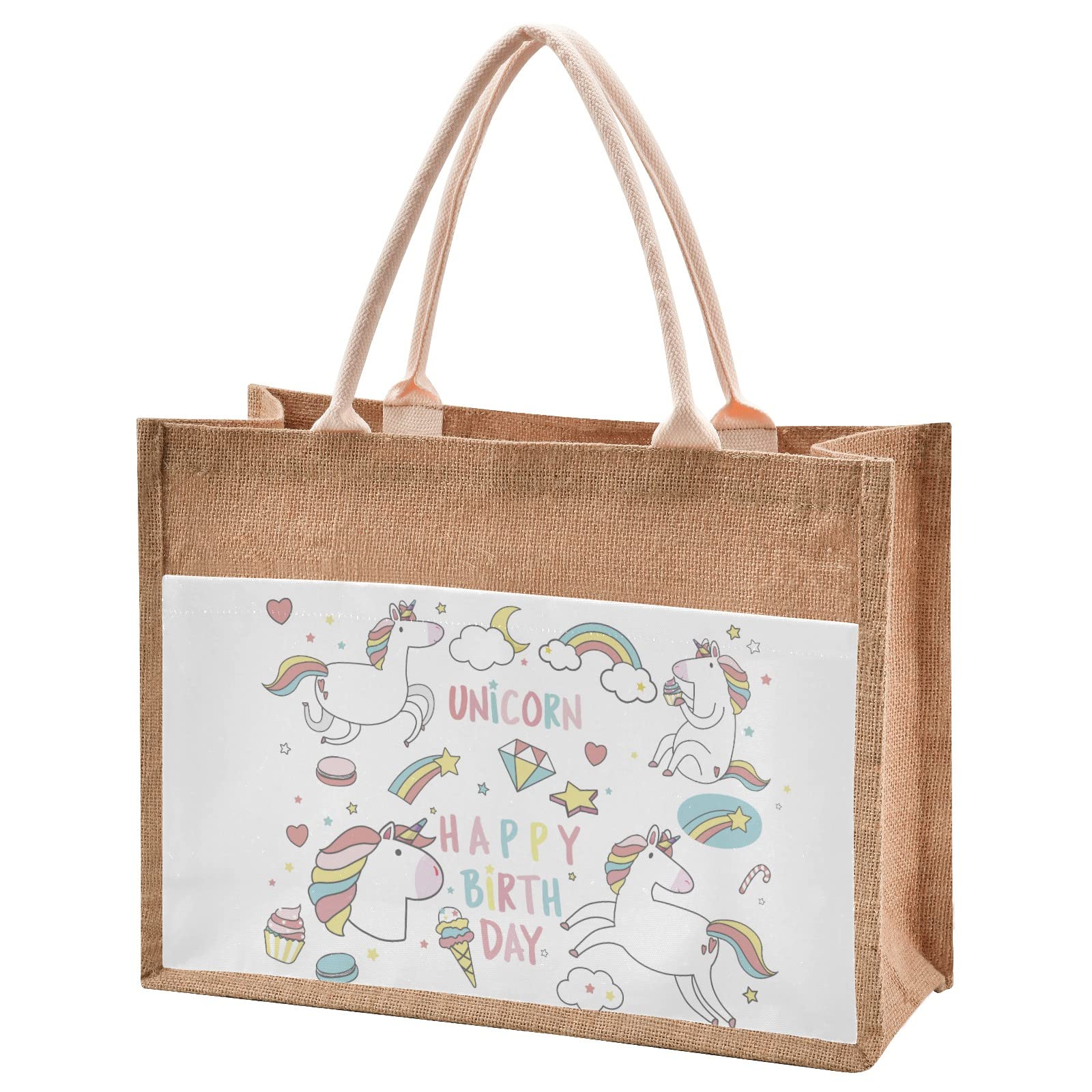 Happy Birthday Unicorn Jute Tote Bags - Eco-Friendly Reusable Straw Beach Bag for Shopping, Groceries & Wedding Gifts (Perfect for Beach Outings, Picnics & Daily Use)