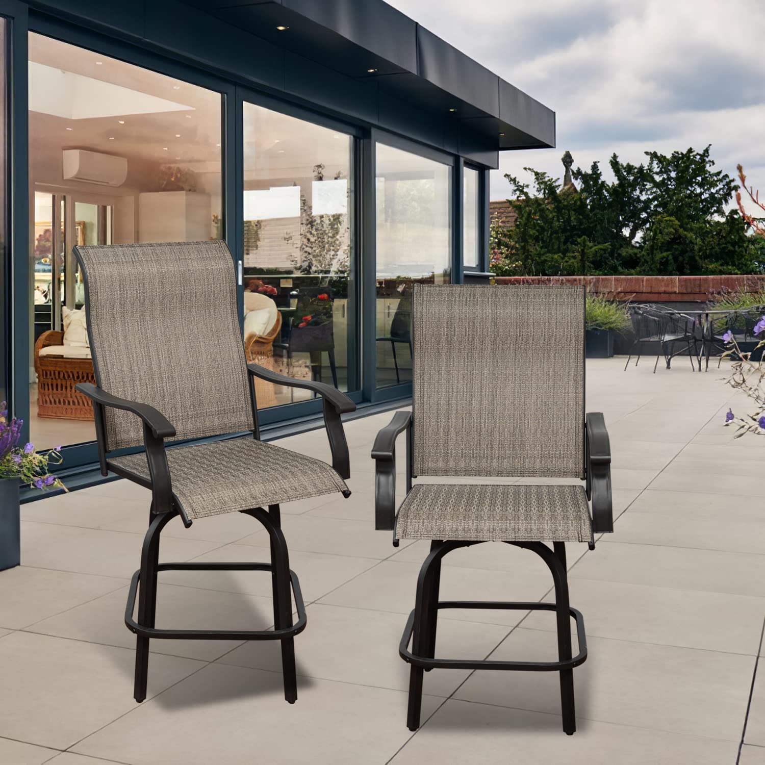 2-Piece Outdoor Patio Swivel Bar Set with Curved Armrests - All-Weather High Bar Stools for Backyard, Poolside, Porch & Bistro - Brown (Perfect for Outdoor Entertaining & Relaxation)