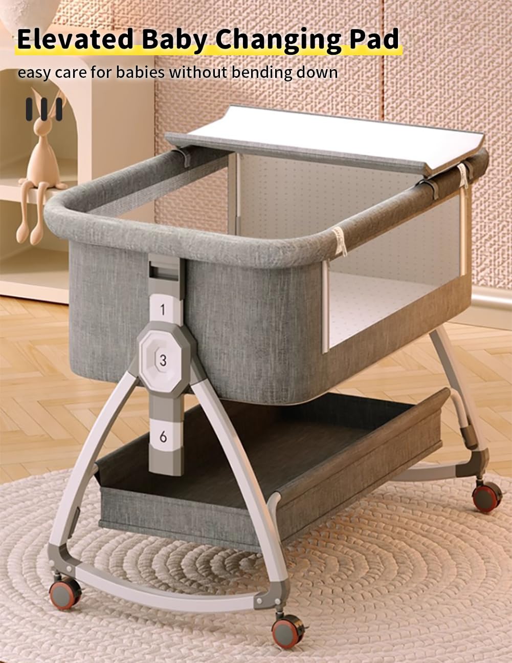 Bonbay 4-in-1 Portable Baby Bassinet with Wheels, Mosquito Net & Storage Basket - 6 Height Adjustable Bedside Sleeper for Newborns | Perfect for Nursery, Bedroom & Travel Use