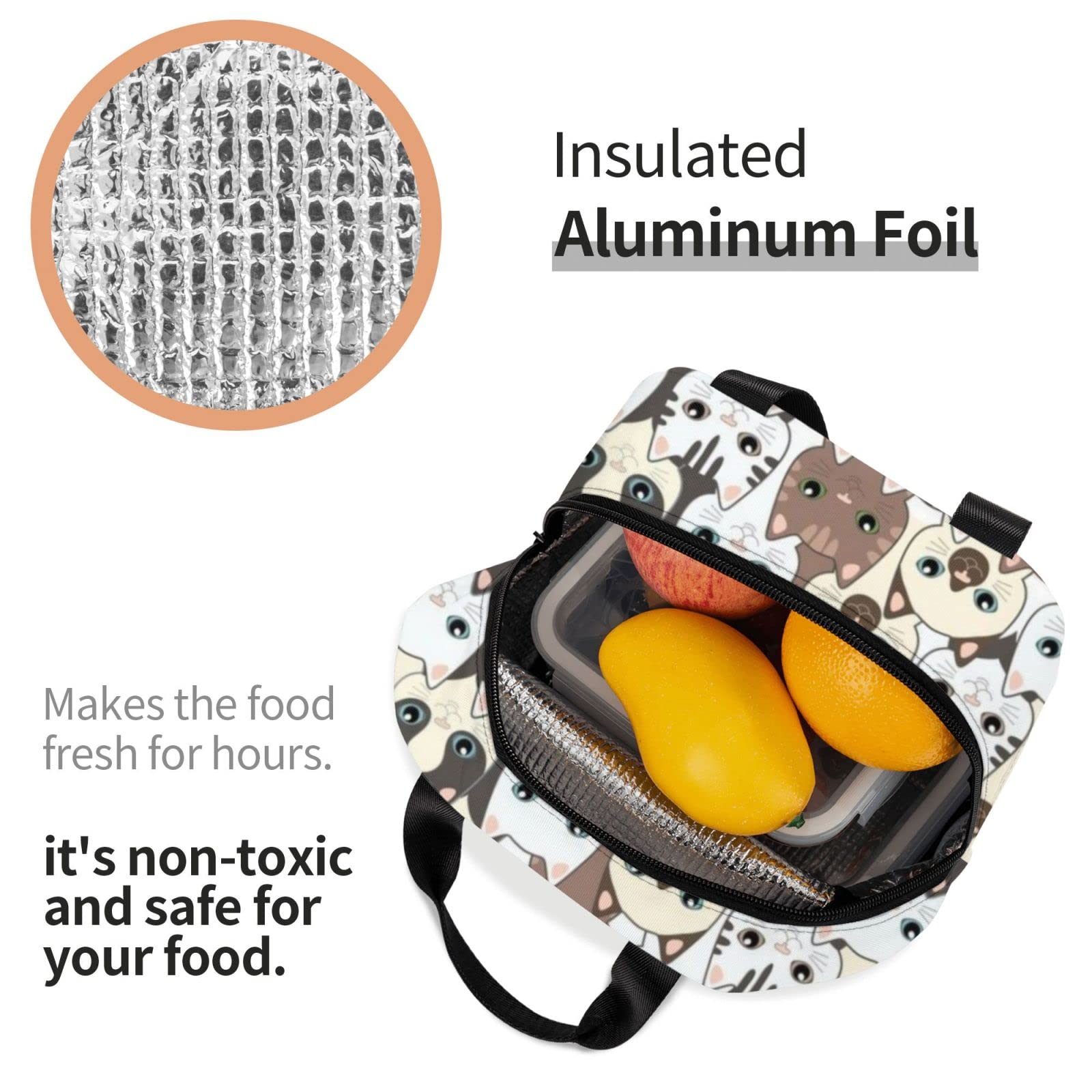 Giwawa Insulated Lunch Bag with Cute Cat Print - Leakproof Cooler Tote for Women, Men, Kids - Perfect for School, Office, Work, Picnic & Outdoor Activities
