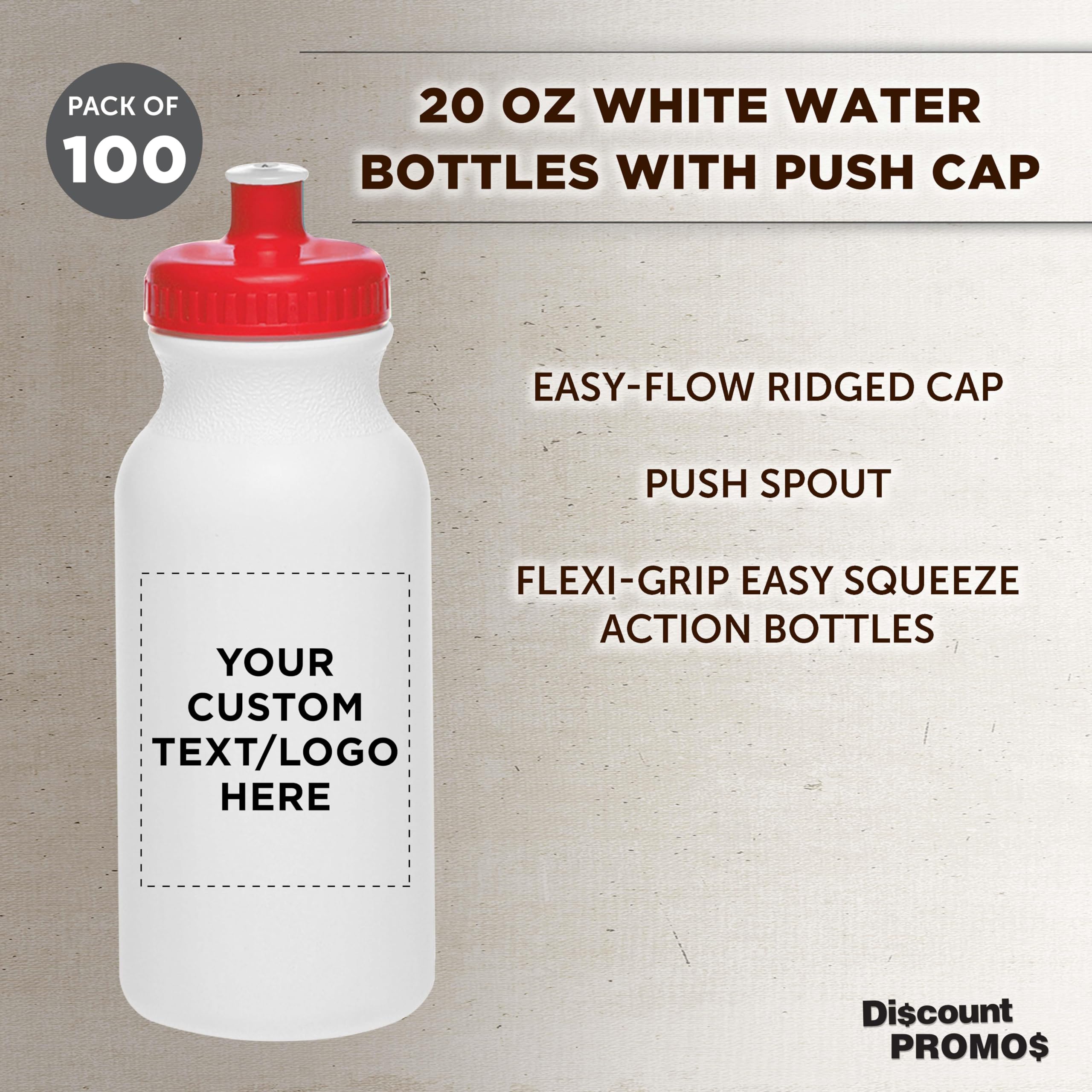 Custom White Water Bottles with Push Cap - 100 Pack, Personalized Text & Logo, 20oz BPA-Free Reusable Squeeze Bottles for Gym, Office, School & Events - Bulk Wholesale (White/Red)